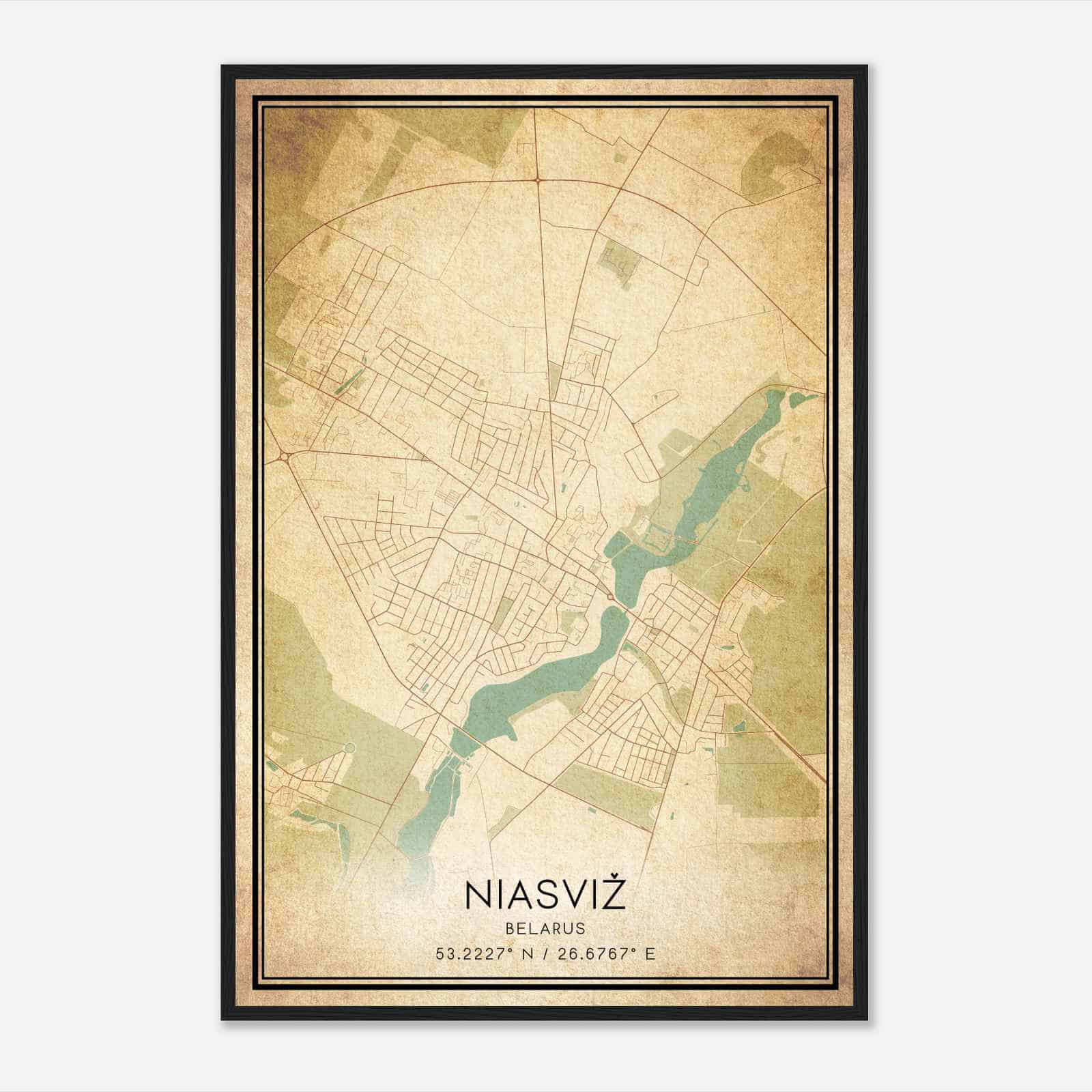 Vintage Niasviz Belarus Map Poster, Niasviz City Road Wall Art Print