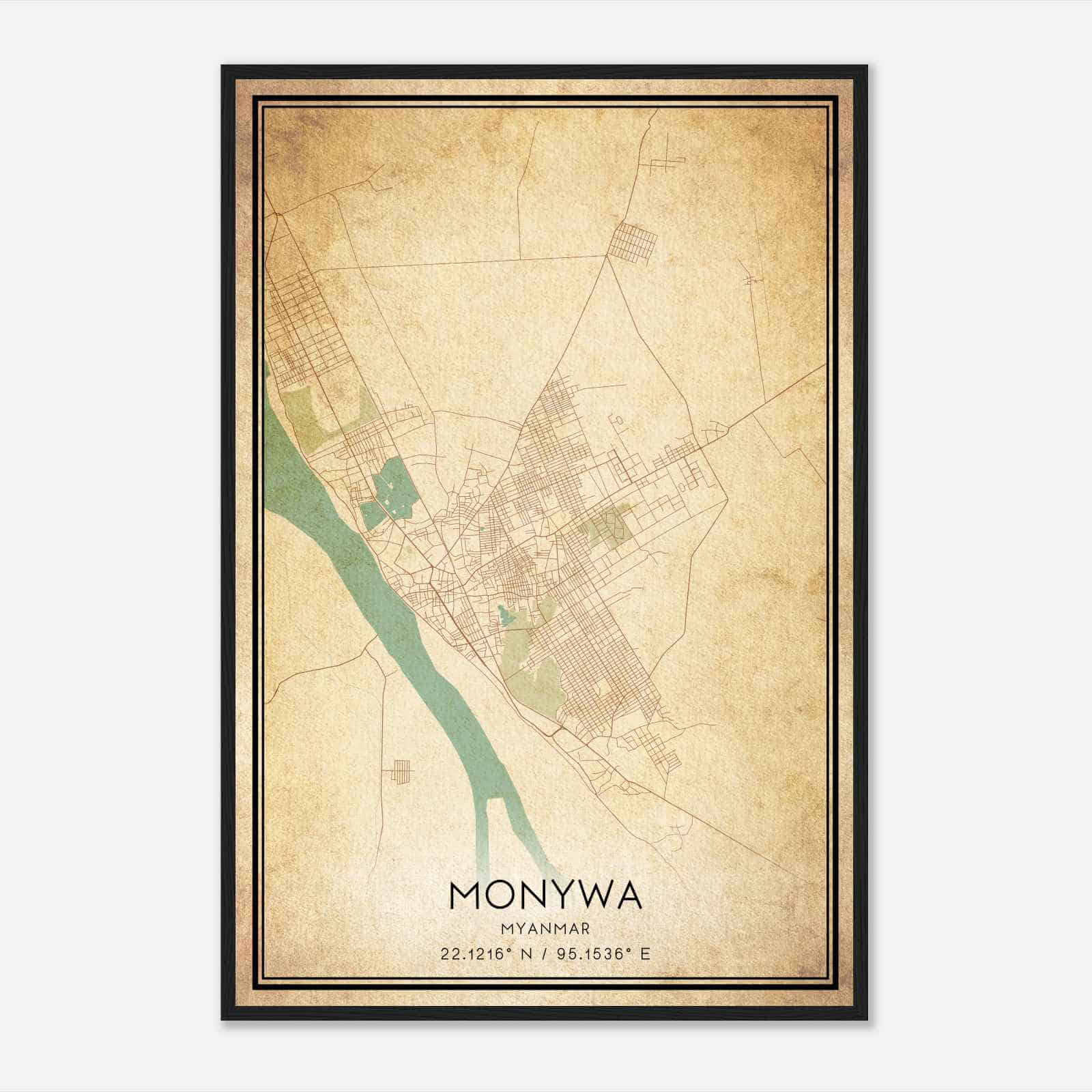 Vintage Monywa Myanmar Map Poster, Monywa City Road Wall Art Print