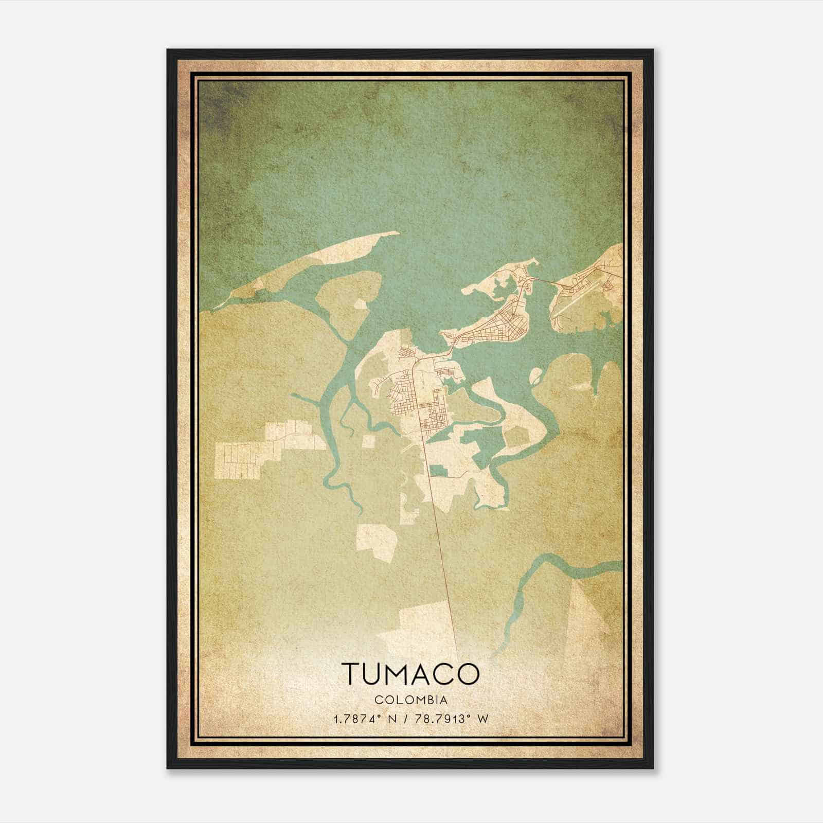 Vintage Tumaco Colombia Map Poster, Tumaco City Road Wall Art Print
