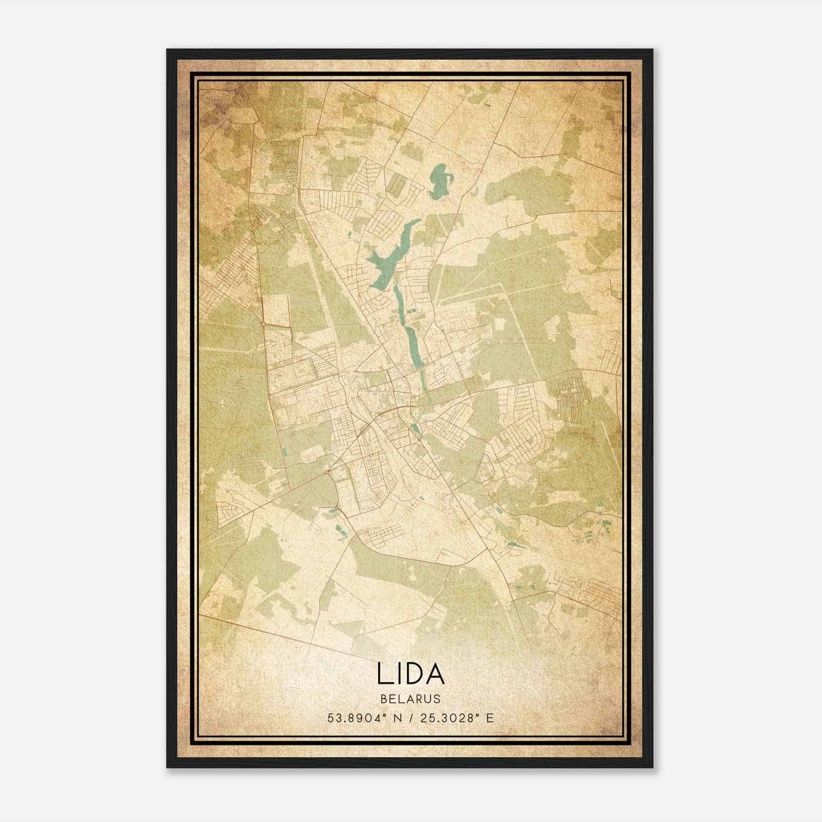 Vintage Lida Belarus Map Poster, Lida City Road Wall Art Print