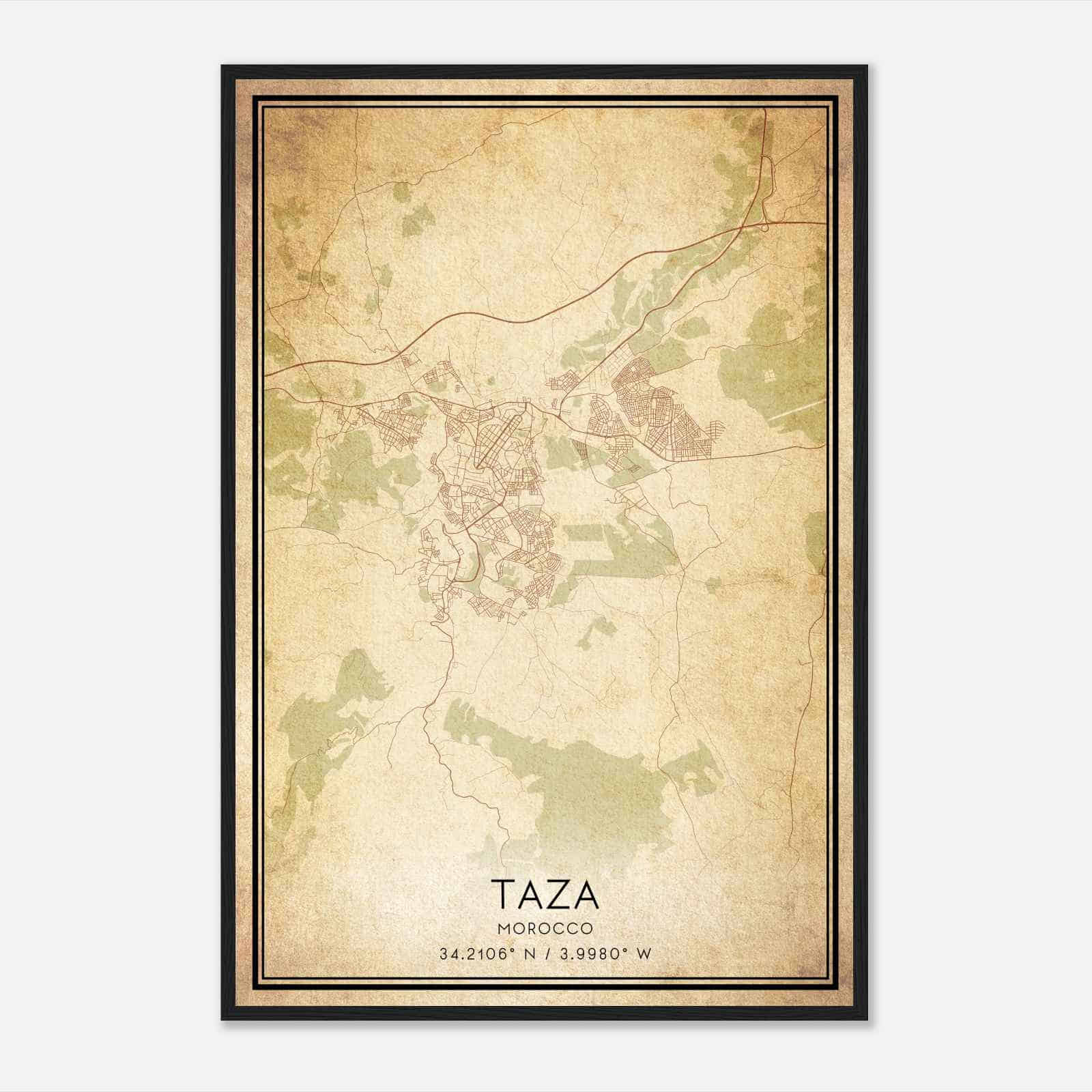 Vintage Taza Morocco Map Poster, Taza City Road Wall Art Print