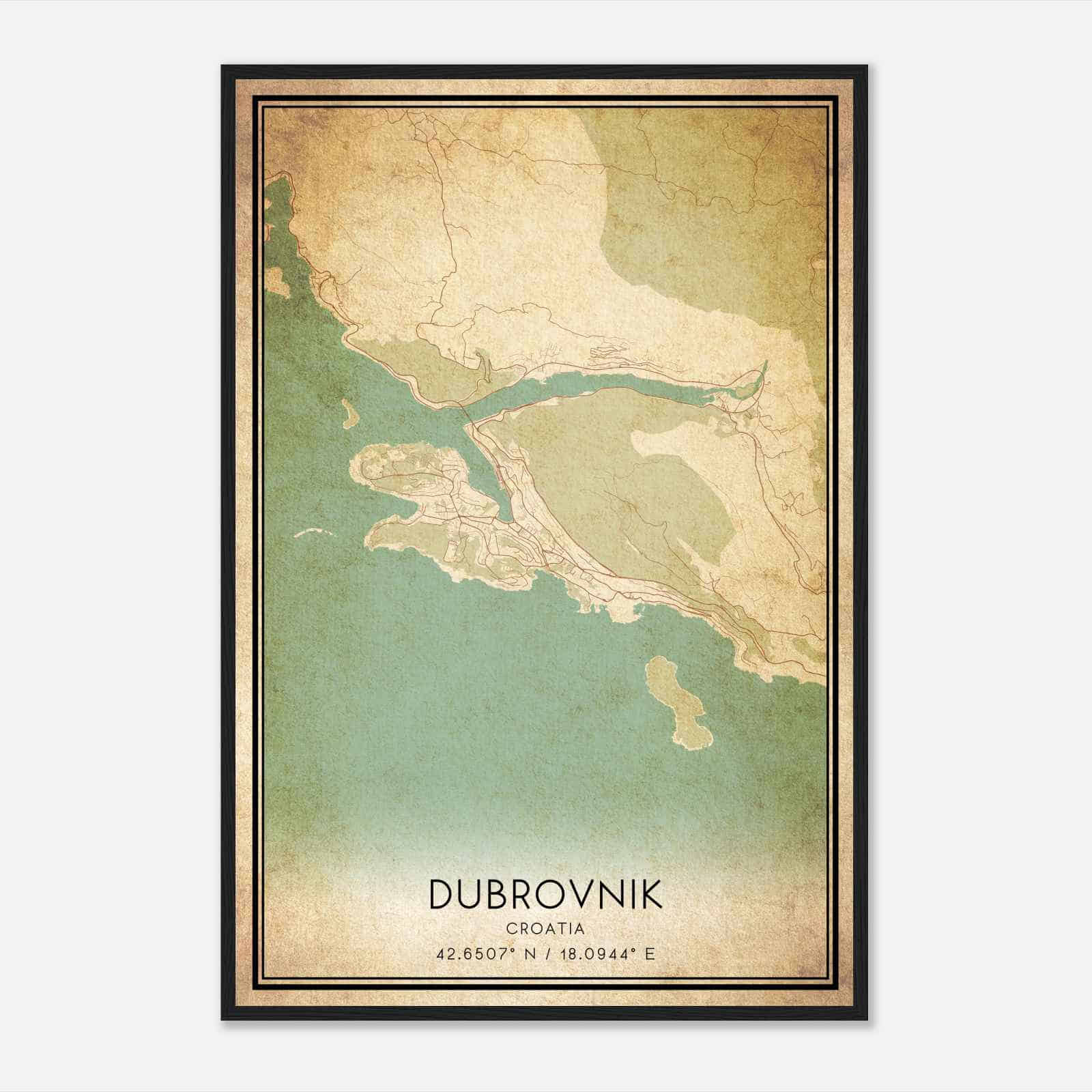 Vintage Dubrovnik Croatia Map Poster, Dubrovnik City Road Wall Art Print