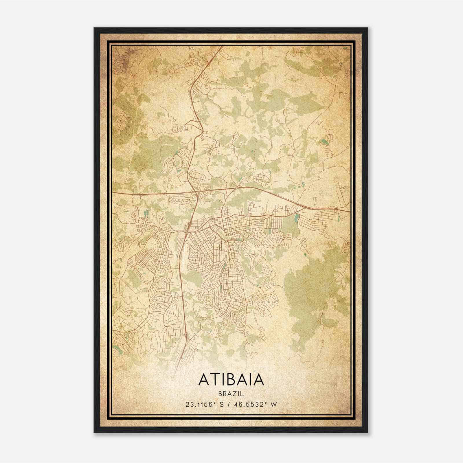 Vintage Atibaia Brazil Map Poster, Atibaia City Road Wall Art Print