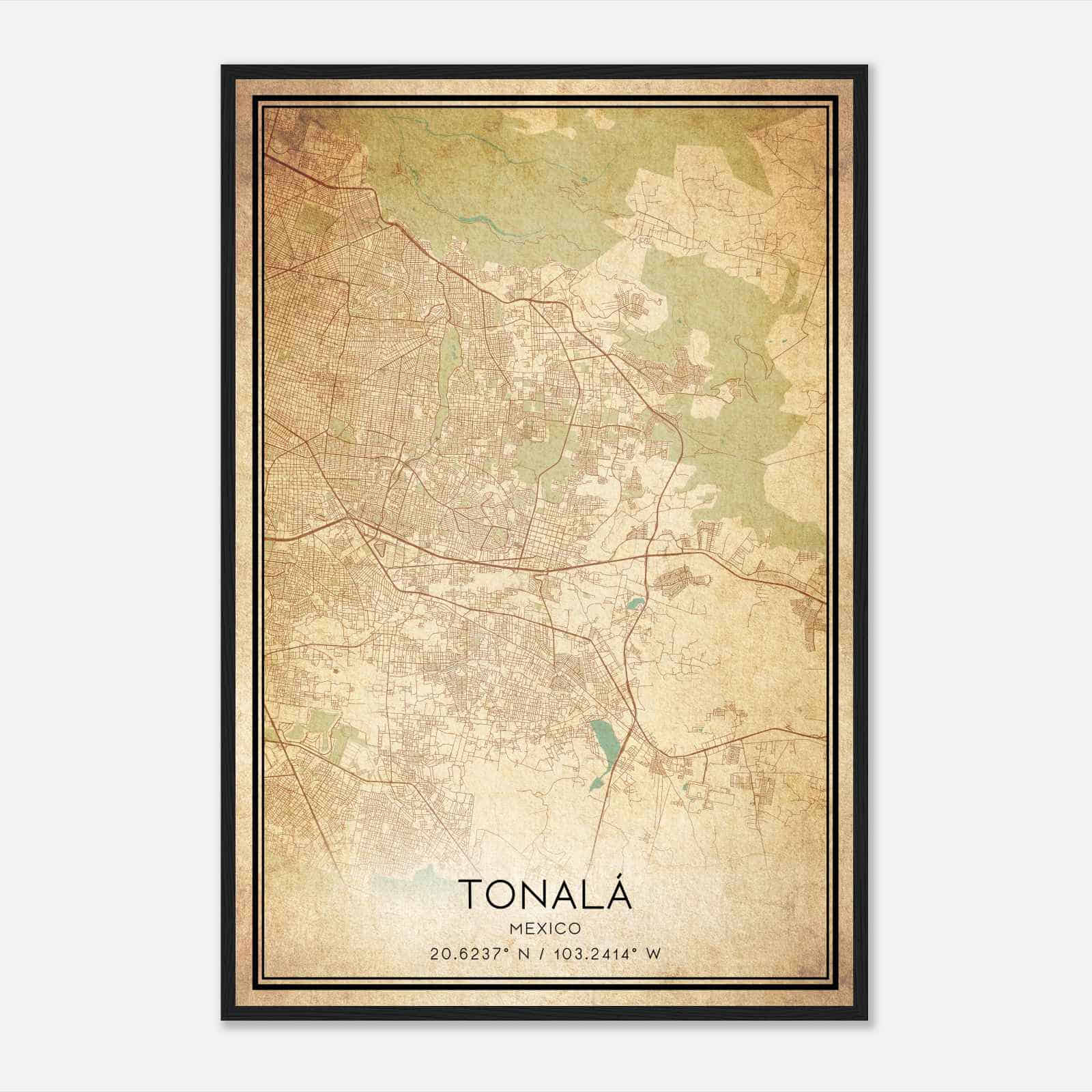 Vintage Tonala Mexico Map Poster, Tonala City Road Wall Art Print