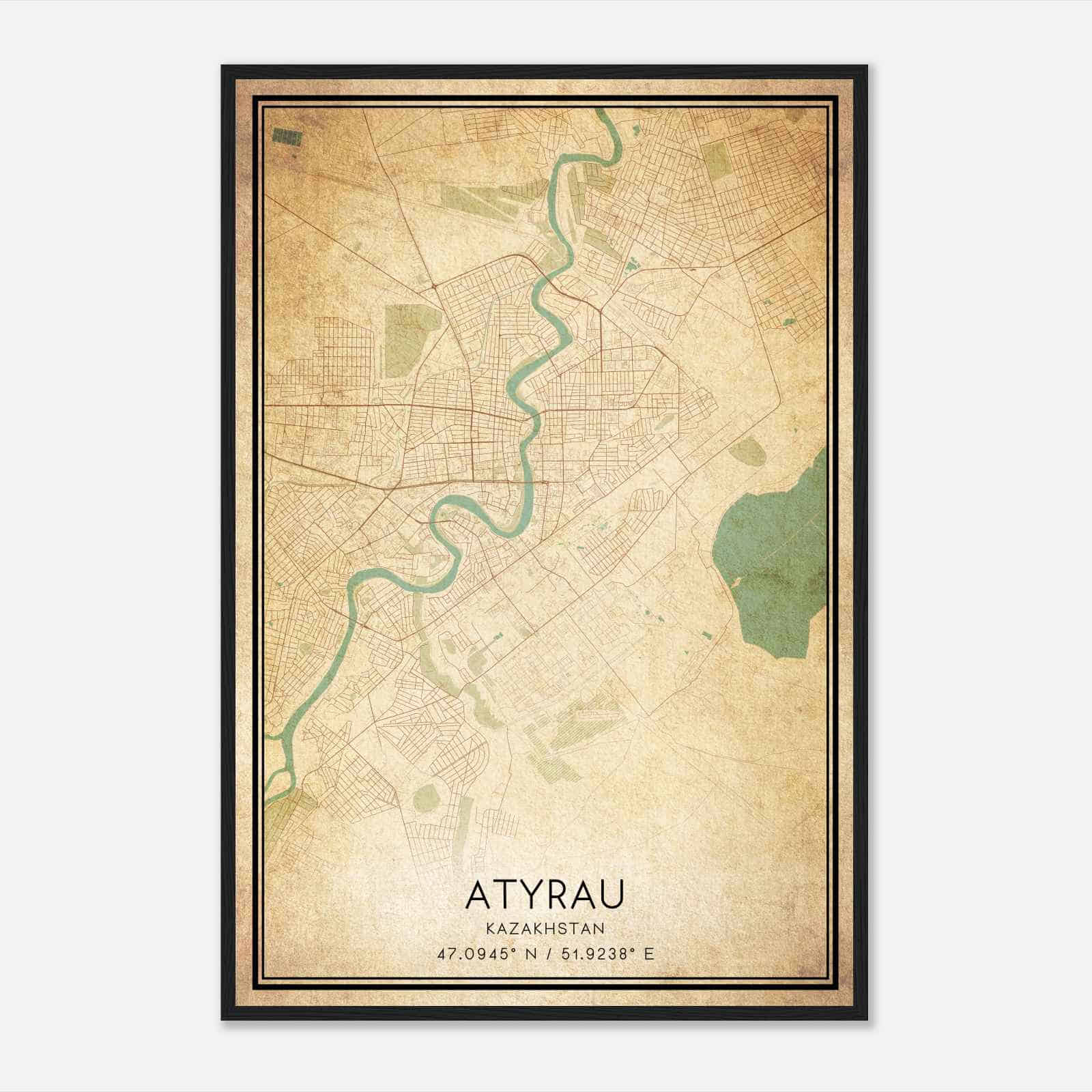 Vintage Atyrau Kazakhstan Map Poster, Atyrau City Road Wall Art Print