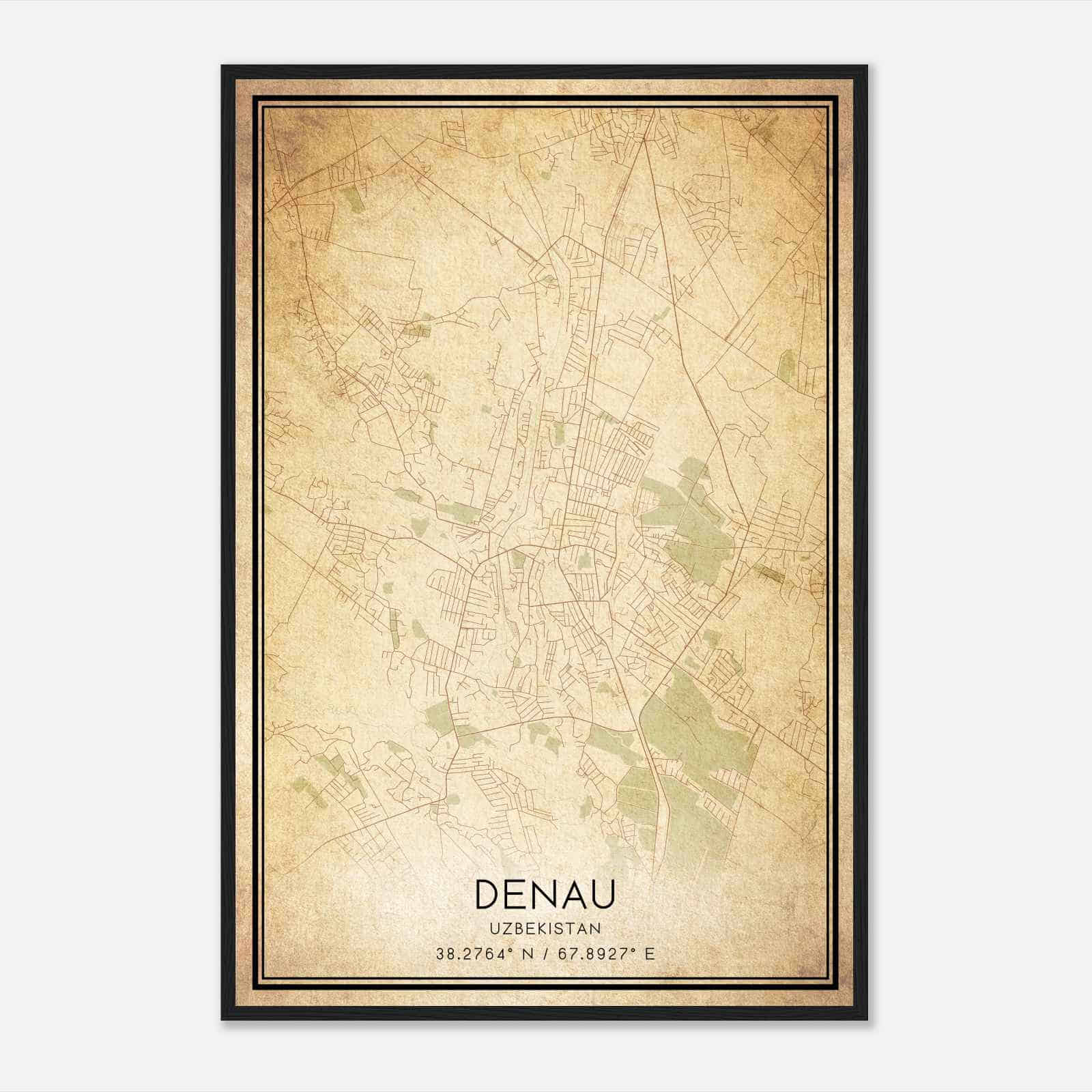 Vintage Denau Uzbekistan Map Poster, Denau City Road Wall Art Print