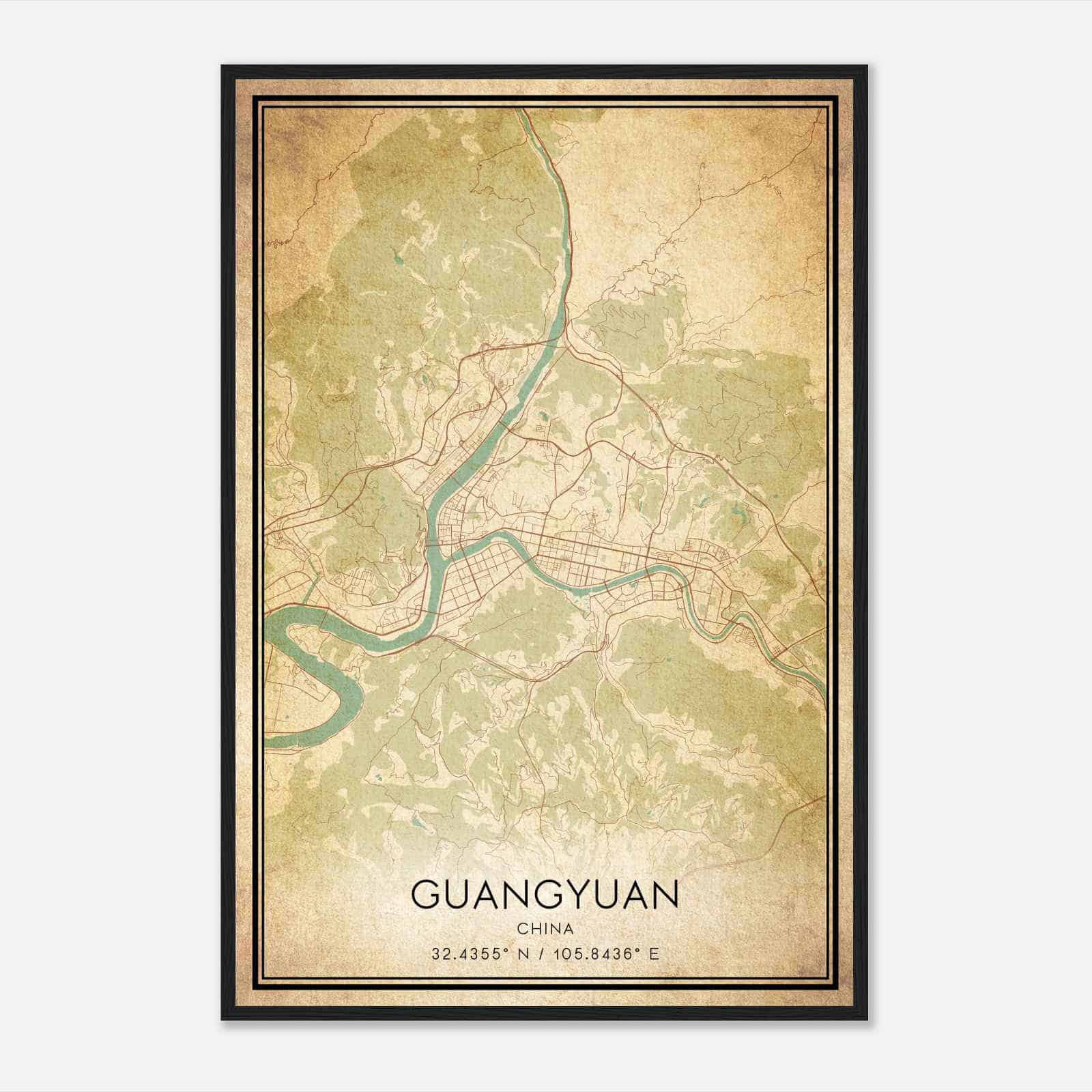 Vintage Guangyuan China Map Poster, Guangyuan City Road Wall Art Print