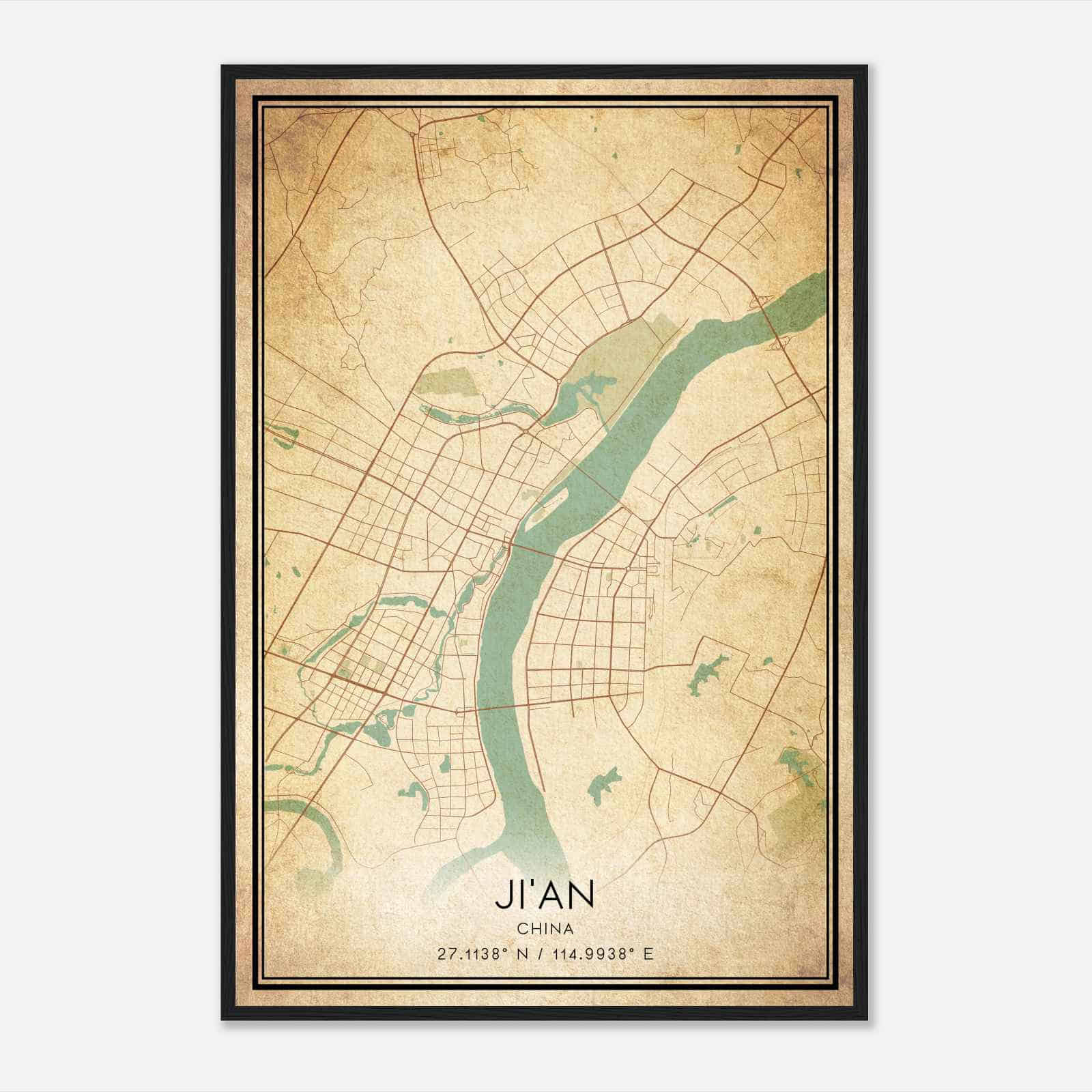Vintage JiAn China Map Poster, JiAn City Road Wall Art Print
