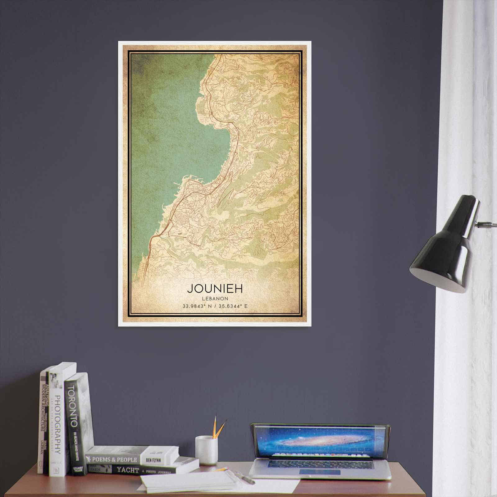Vintage Jounieh Lebanon Map Poster, Jounieh City Road Wall Art Print