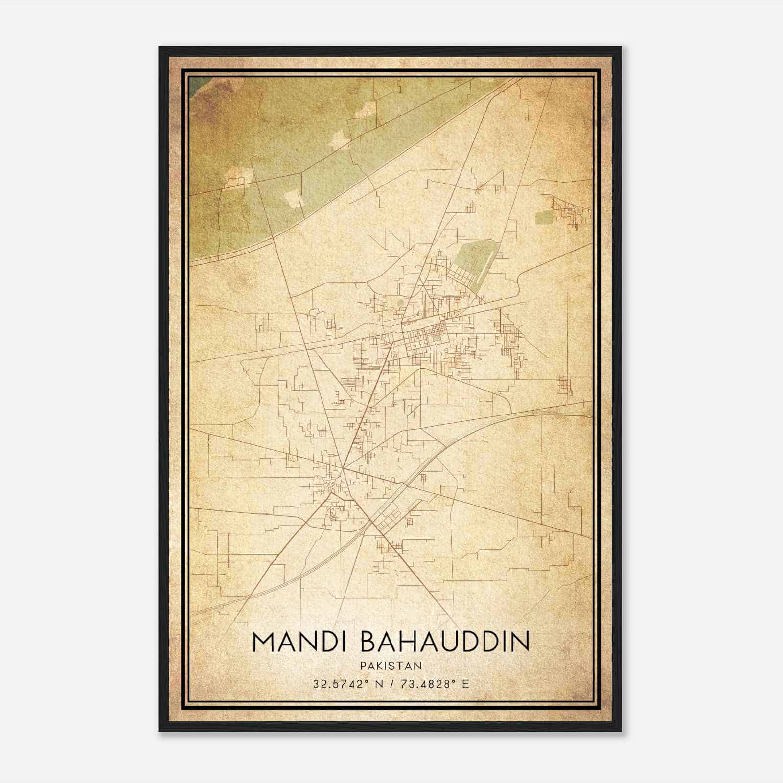 Vintage Mandi Bahauddin Pakistan Map Poster, Mandi Bahauddin City Road Wall Art Print