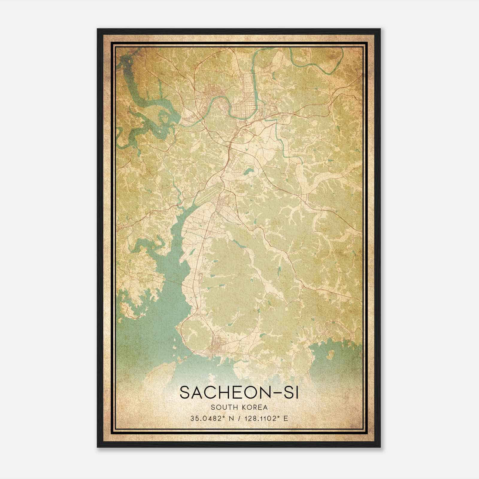 Vintage Sacheonsi South Korea Map Poster, Sacheonsi City Road Wall Art Print