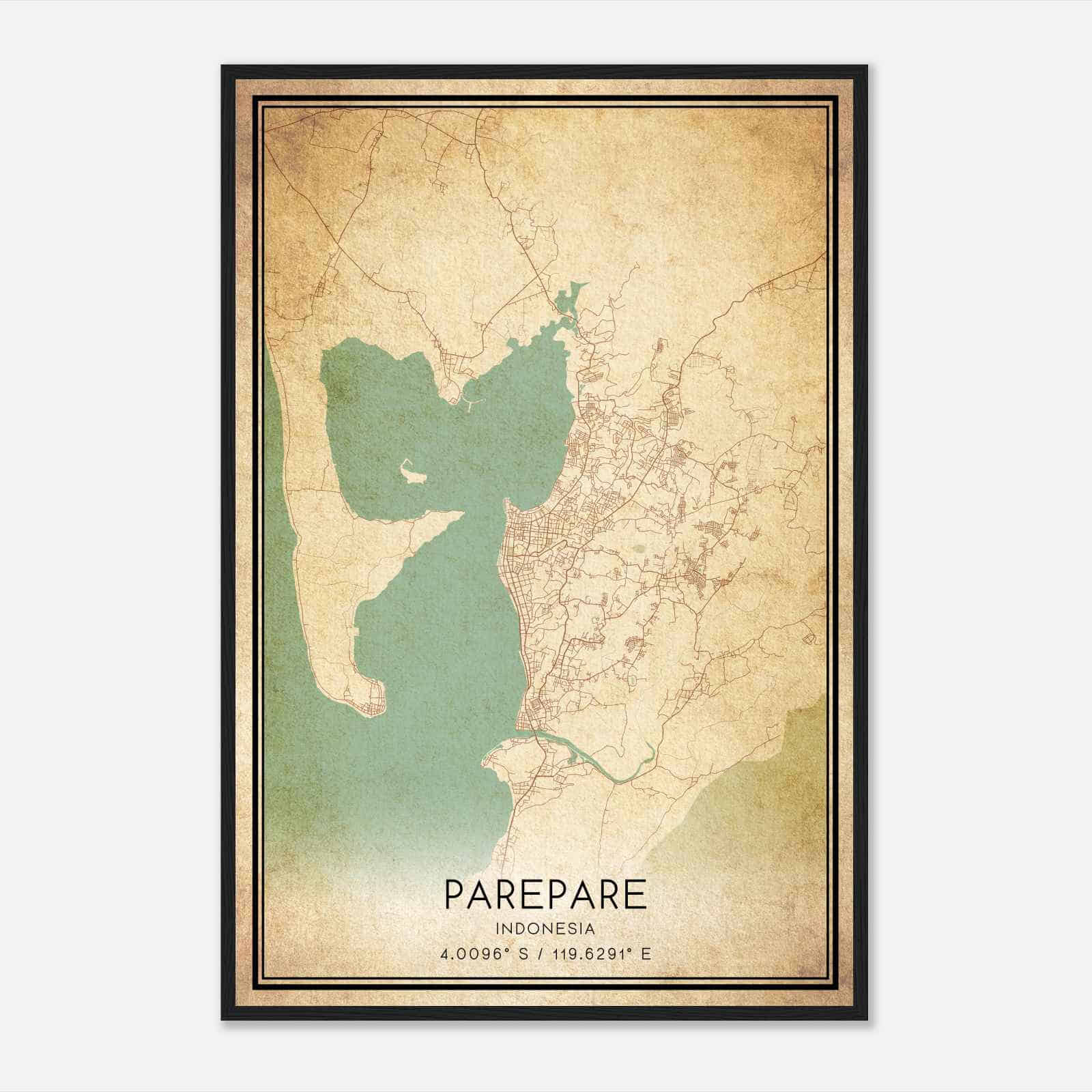 Vintage Parepare Indonesia Map Poster, Parepare City Road Wall Art Print