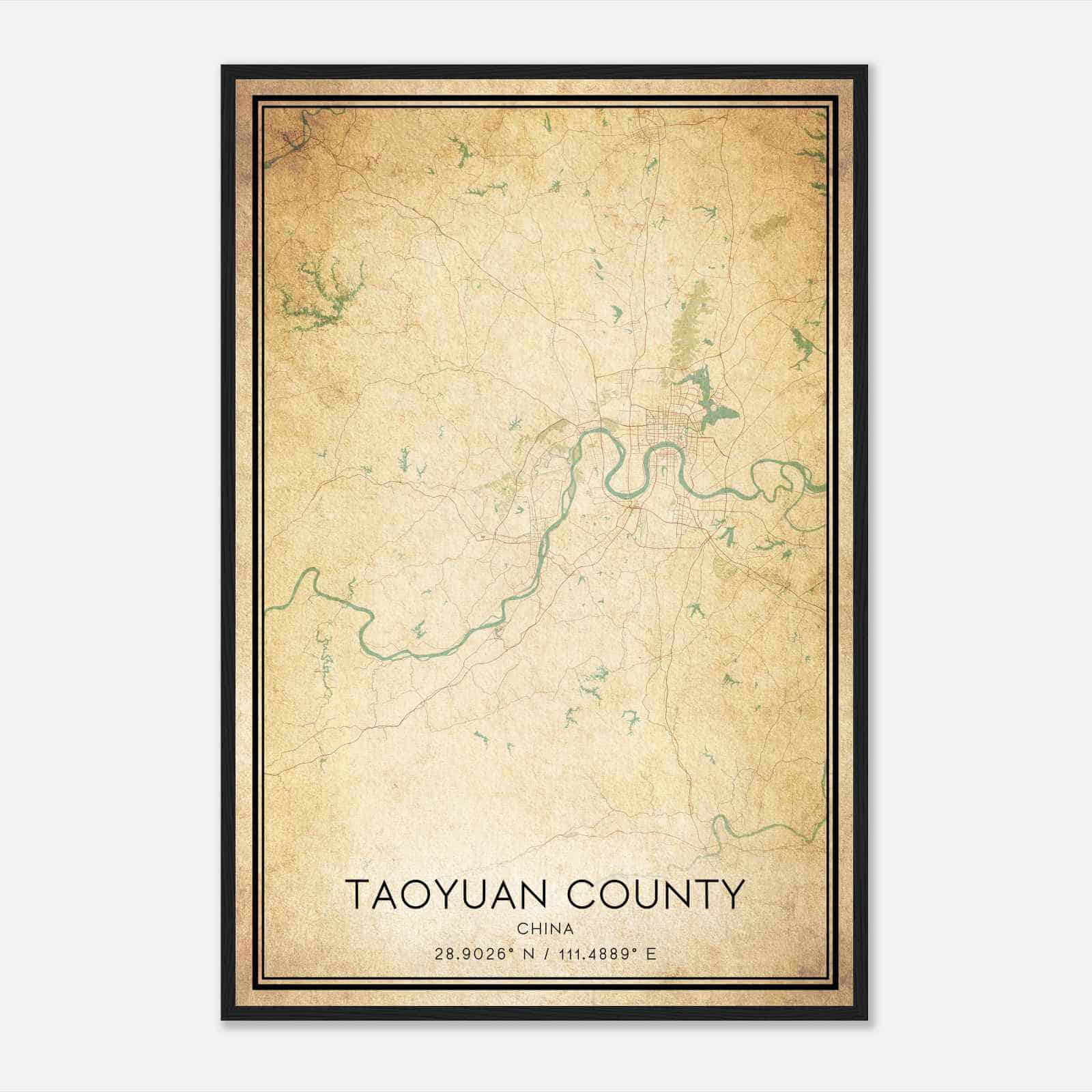Vintage Taoyuan County China Map Poster, Taoyuan County City Road Wall Art Print