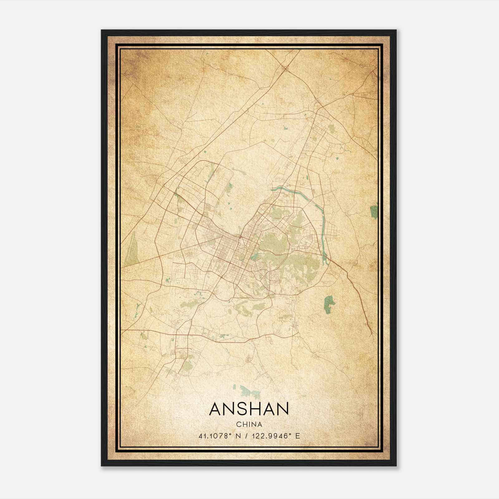 Vintage Anshan China Map Poster, Anshan City Road Wall Art Print