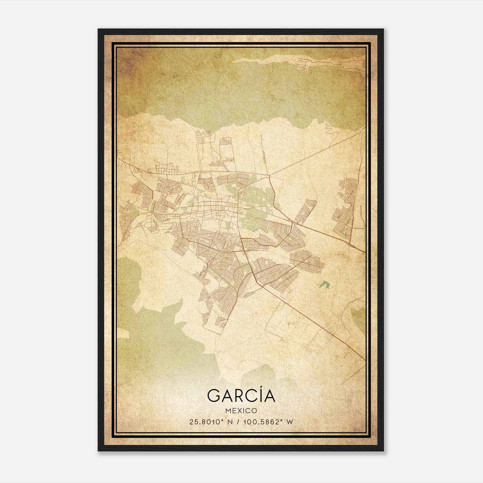 Vintage Garcia Mexico Map Poster, Garcia City Road Wall Art Print