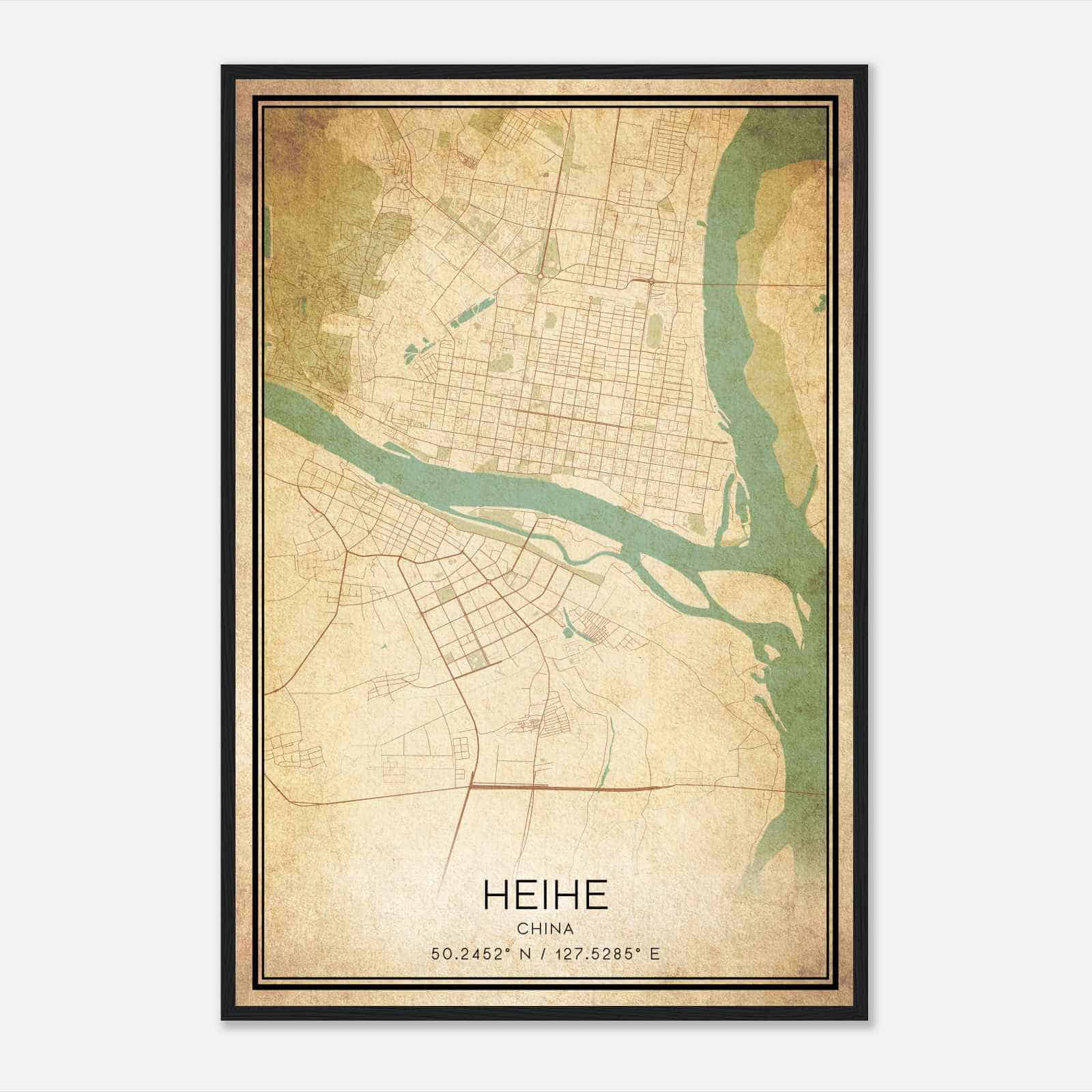 Vintage Heihe China Map Poster, Heihe City Road Wall Art Print