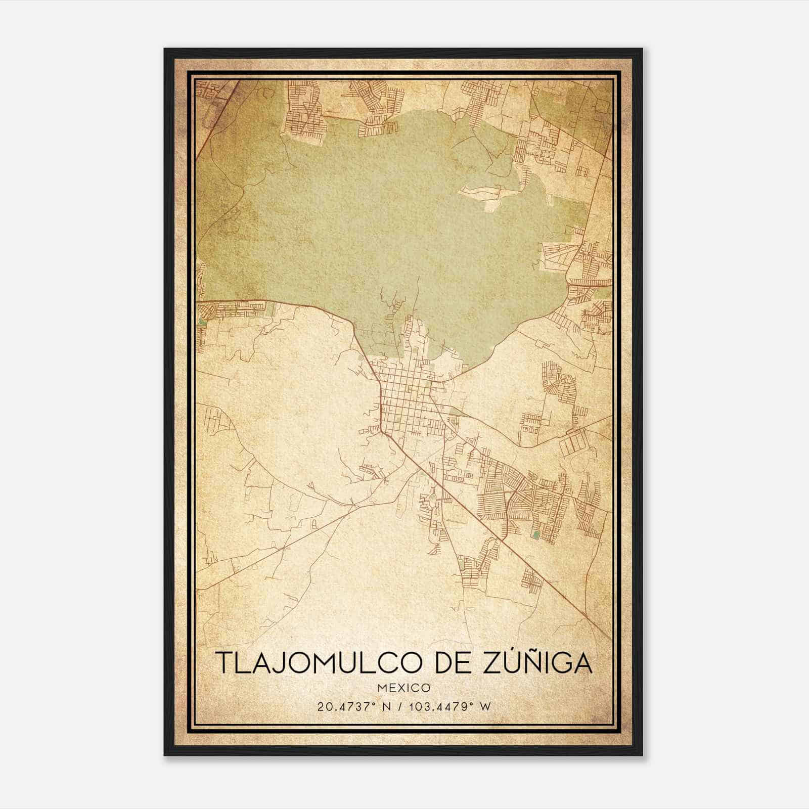 Vintage Tlajomulco de Zuniga Mexico Map Poster, Tlajomulco de Zuniga City Road Wall Art Print