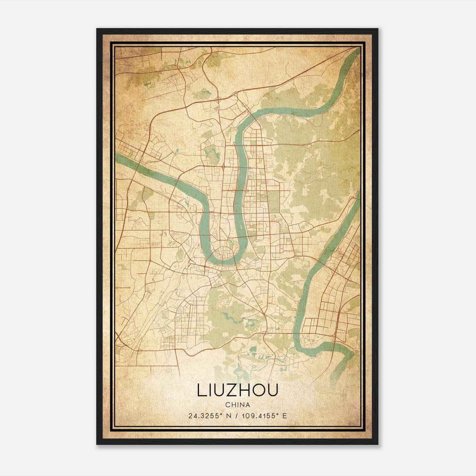 Vintage Liuzhou China Map Poster, Liuzhou City Road Wall Art Print