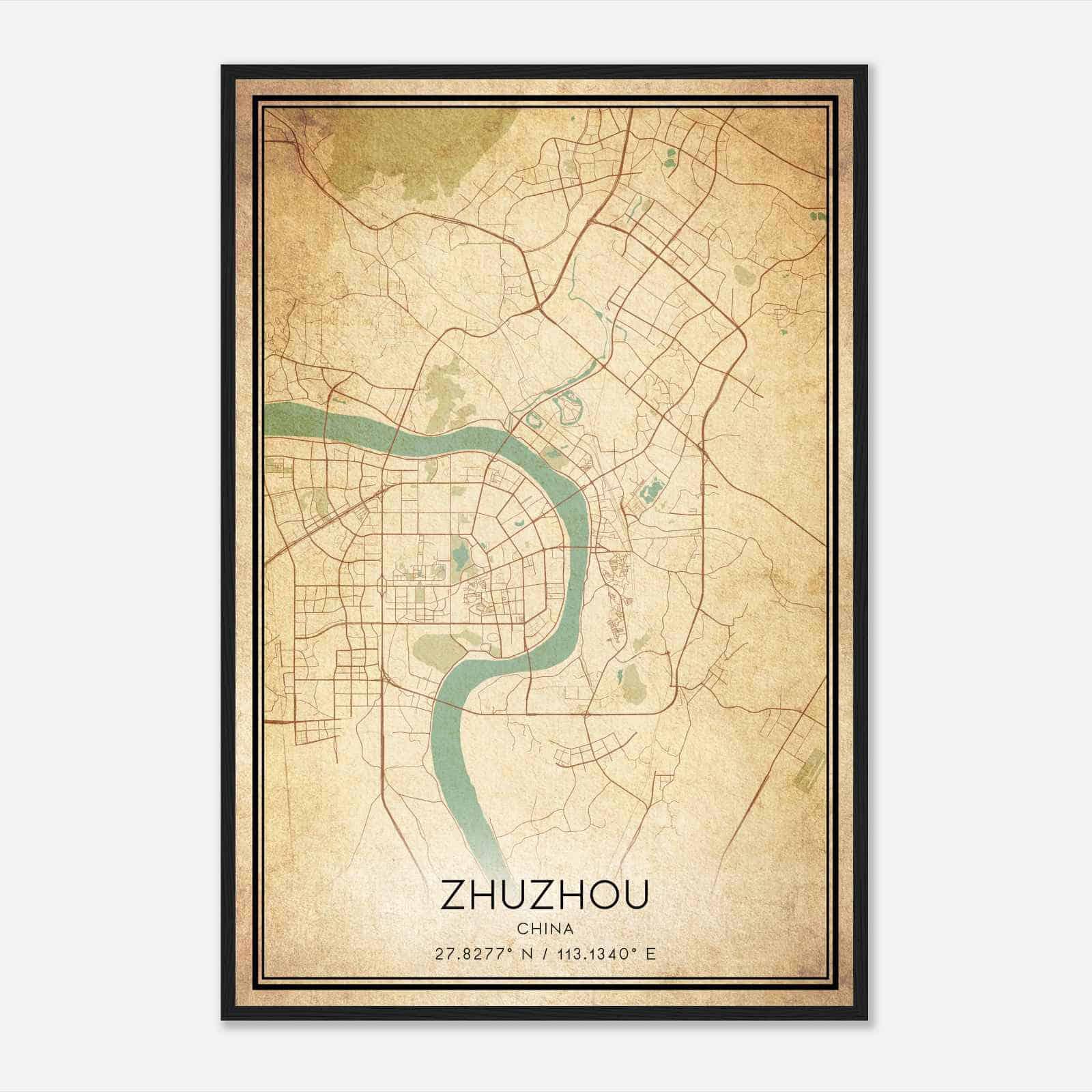Vintage Zhuzhou China Map Poster, Zhuzhou City Road Wall Art Print