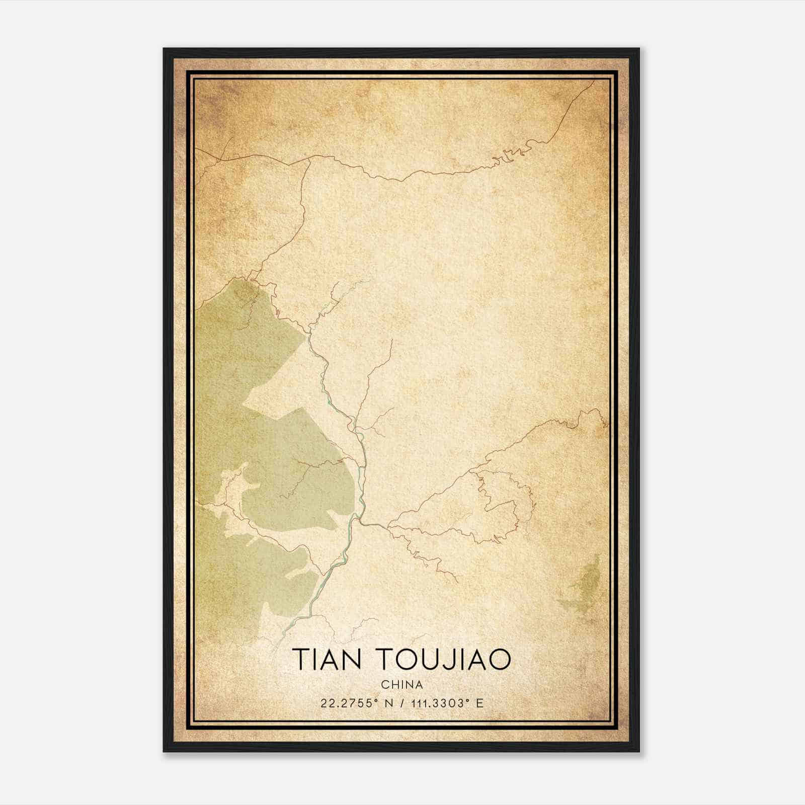 Vintage Tian Toujiao China Map Poster, Tian Toujiao City Road Wall Art Print