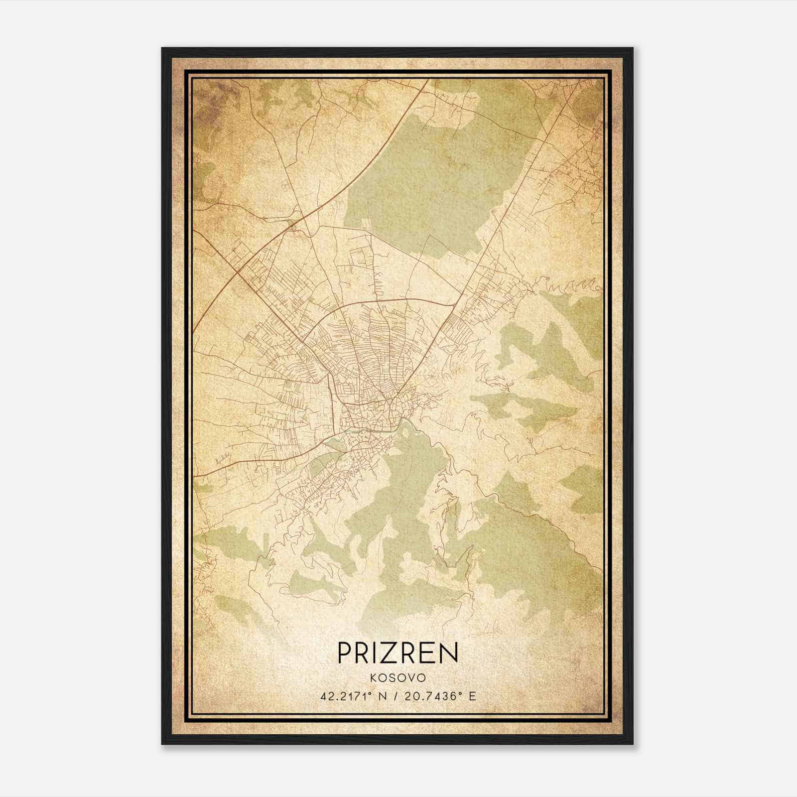 Vintage Prizren Kosovo Map Poster, Prizren City Road Wall Art Print