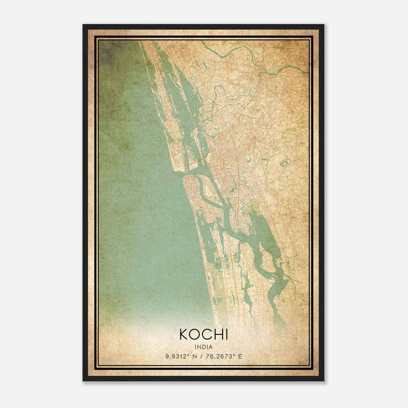 Vintage Kochi India Map Poster, Kochi City Road Wall Art Print