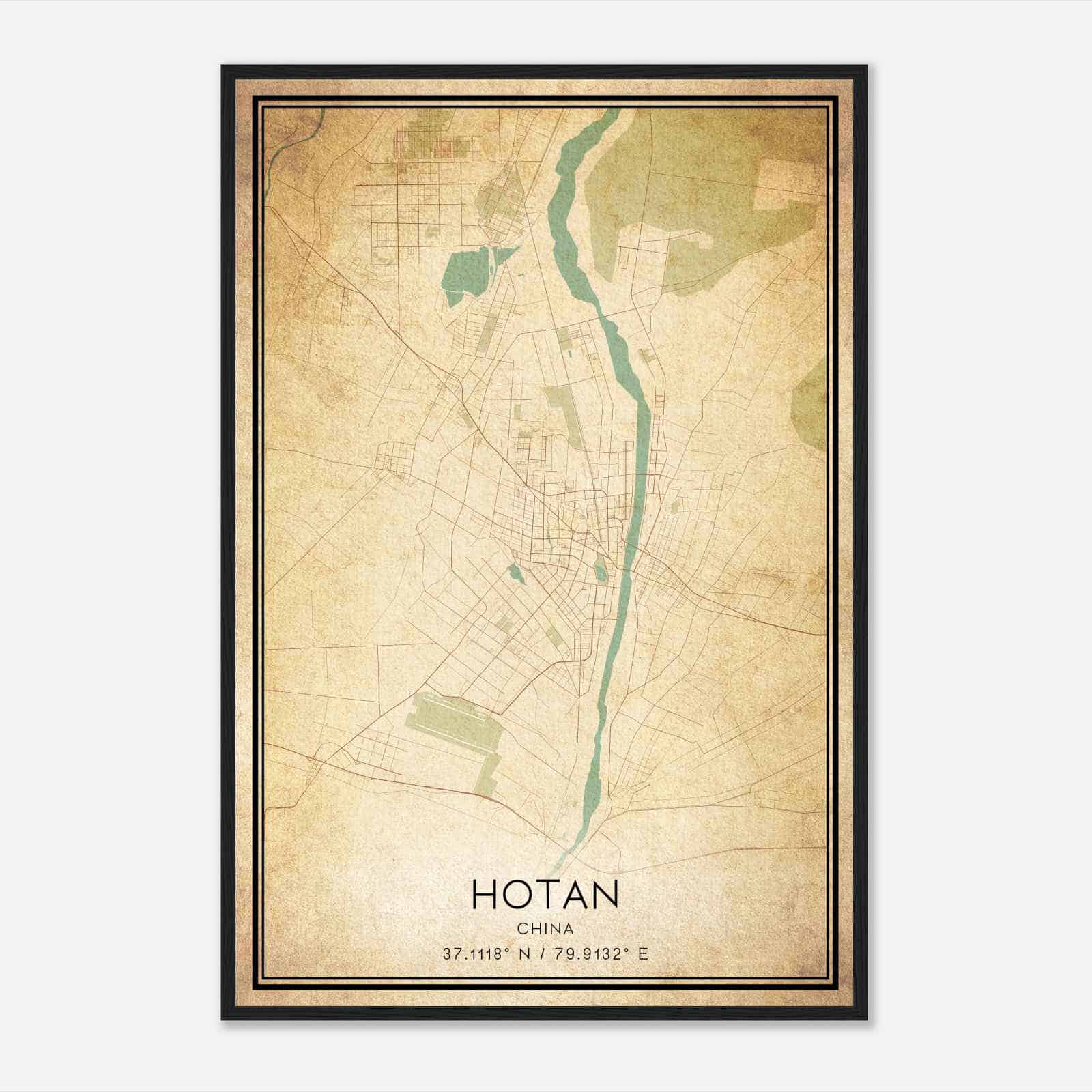 Vintage Hotan China Map Poster, Hotan City Road Wall Art Print