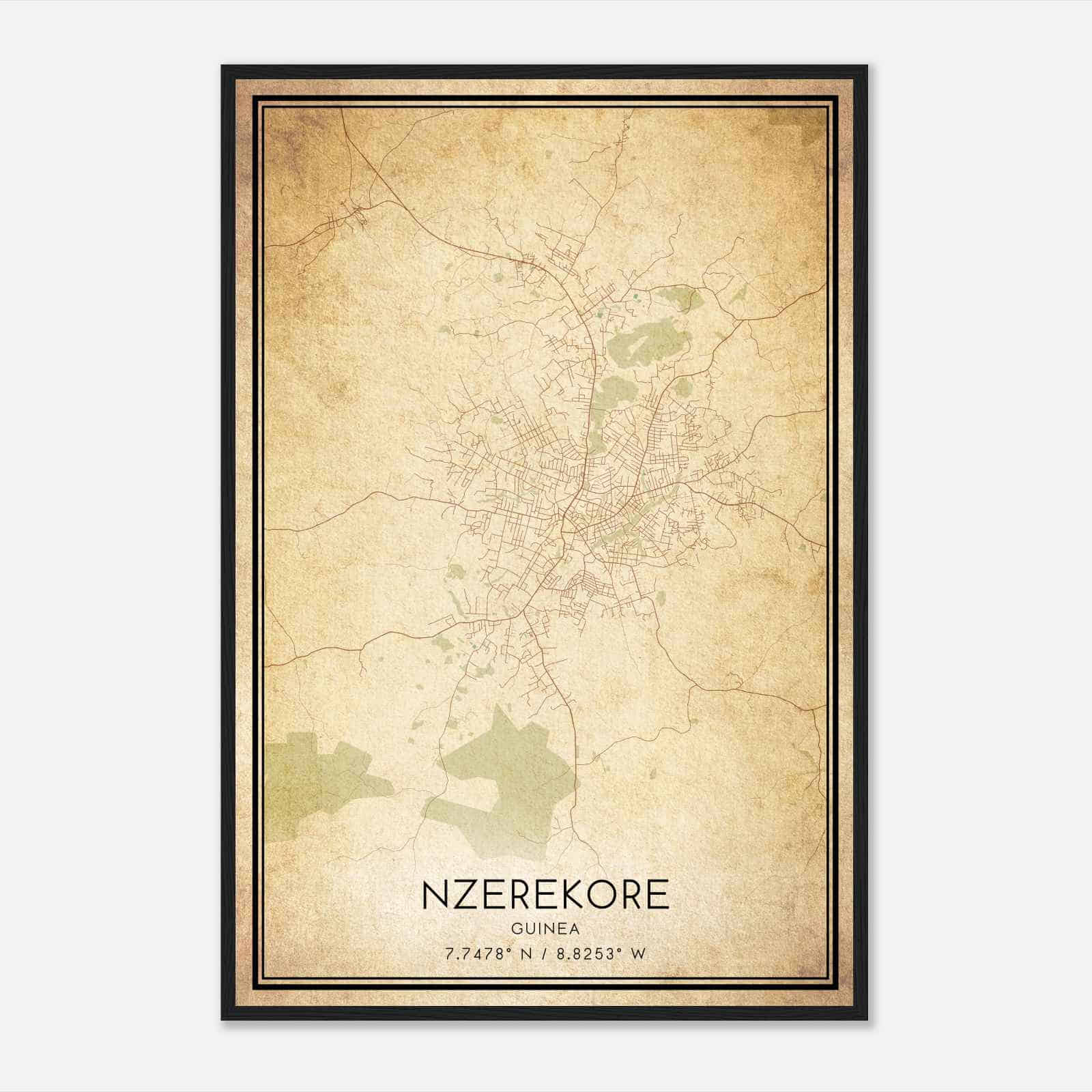 Vintage Nzerekore Guinea Map Poster, Nzerekore City Road Wall Art Print