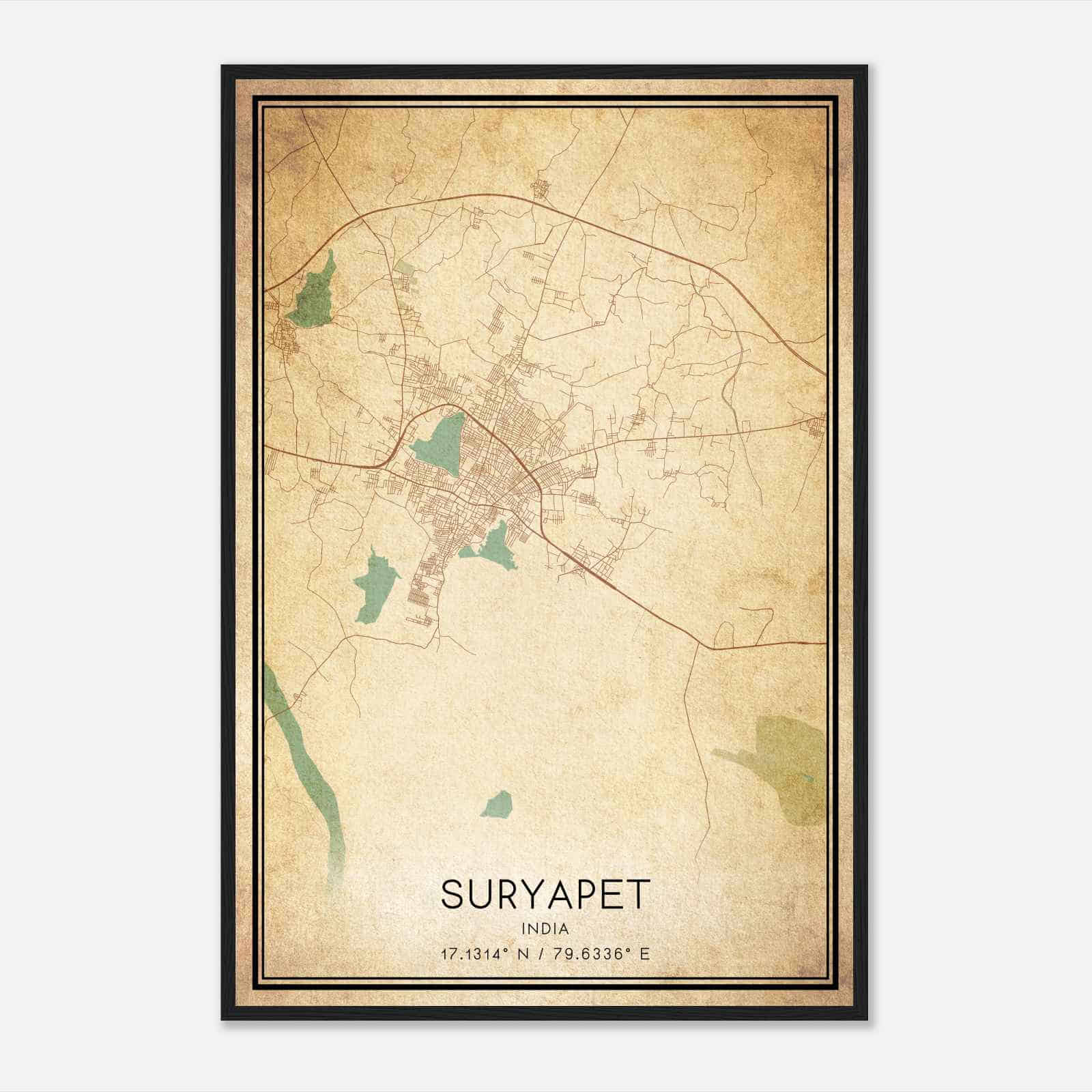 Vintage Suryapet India Map Poster, Suryapet City Road Wall Art Print