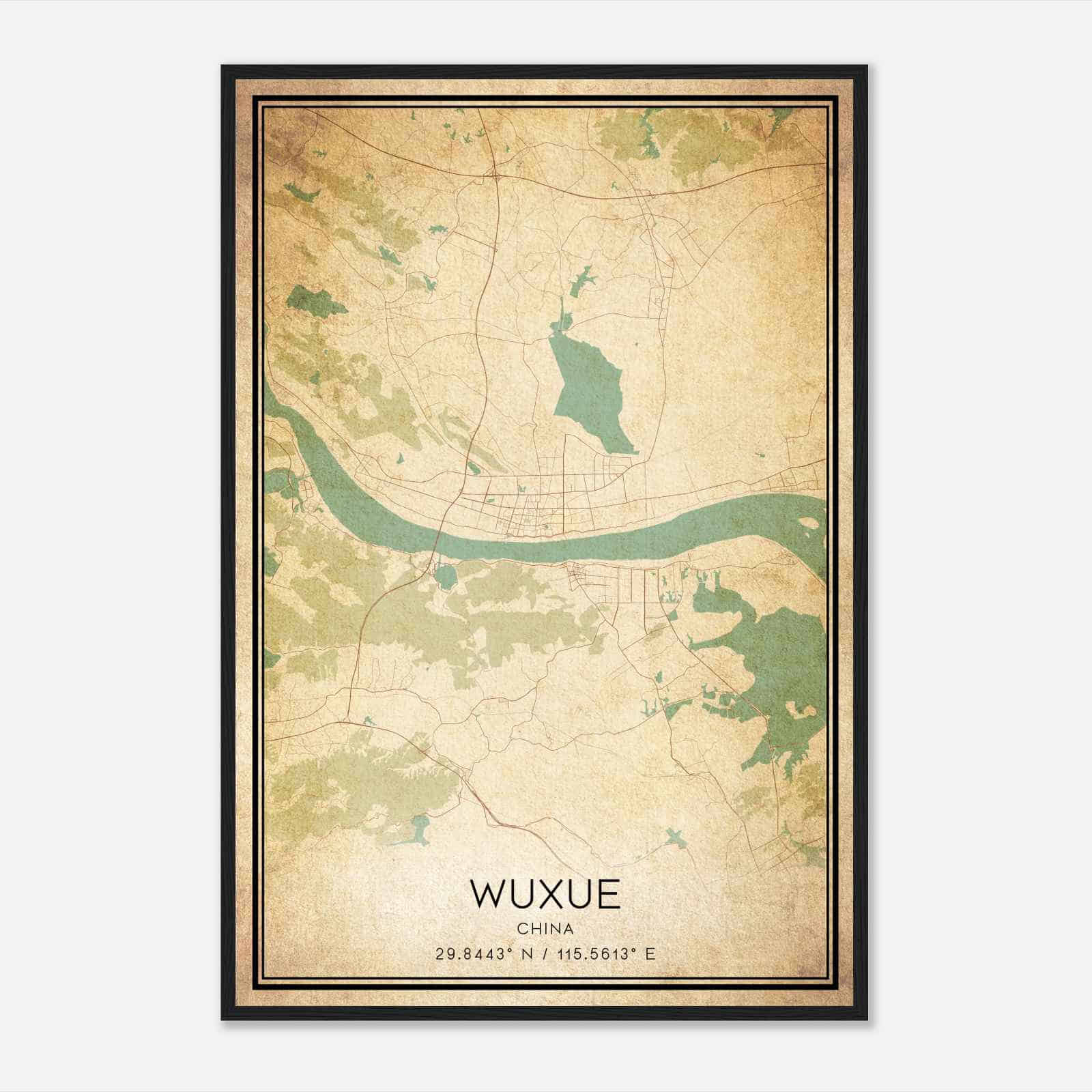 Vintage Wuxue China Map Poster, Wuxue City Road Wall Art Print