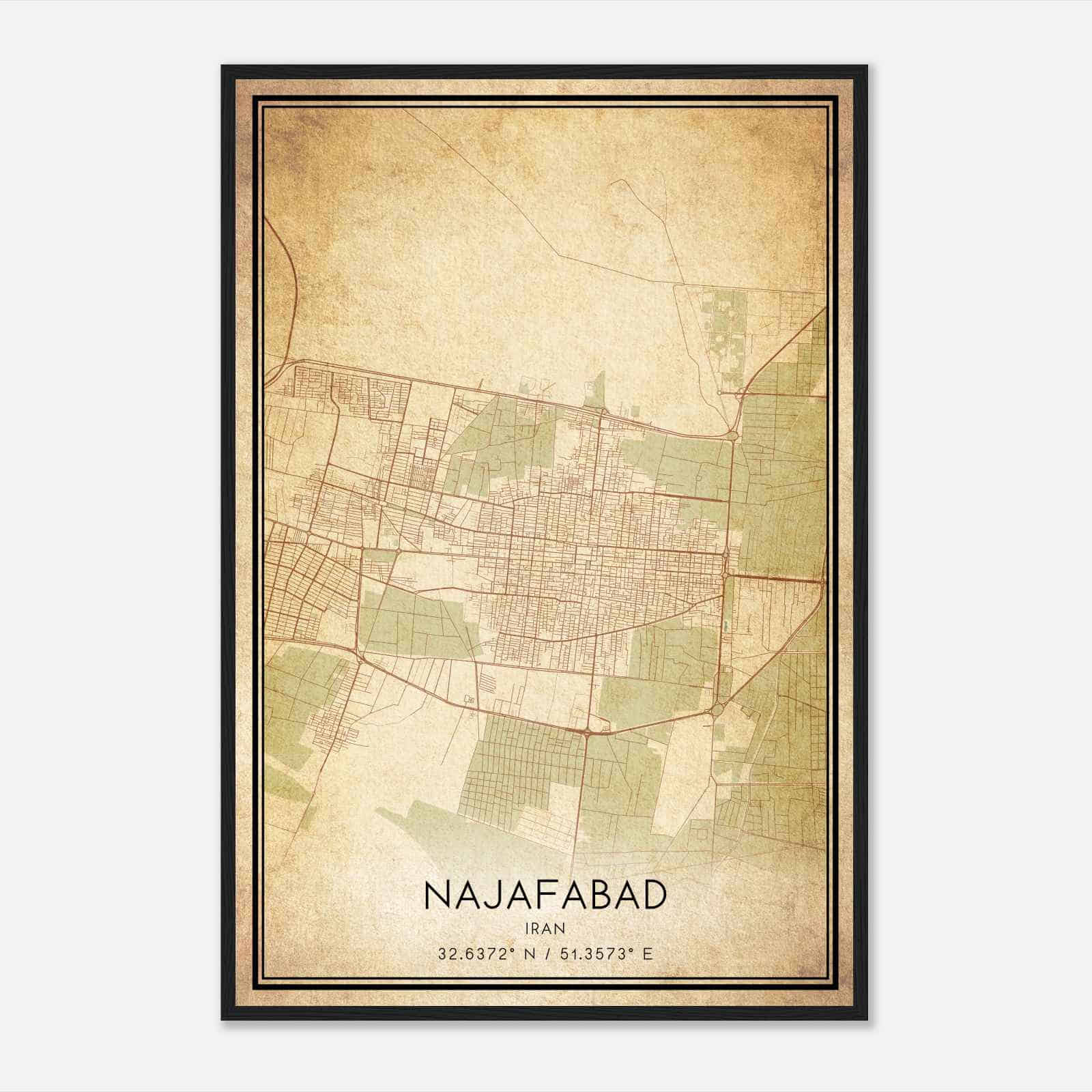 Vintage Najafabad Iran Map Poster, Najafabad City Road Wall Art Print