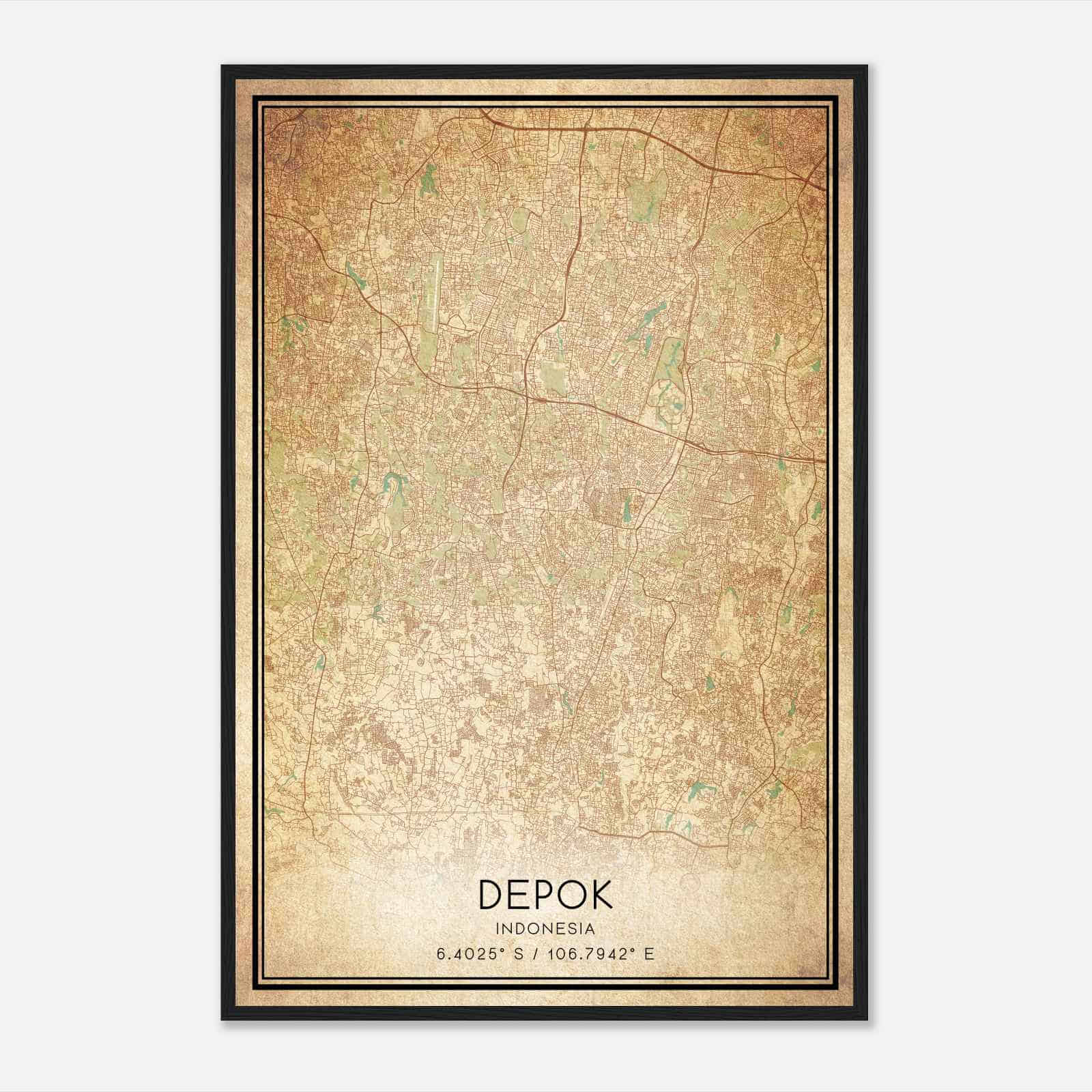 Vintage Depok Indonesia Map Poster, Depok City Road Wall Art Print