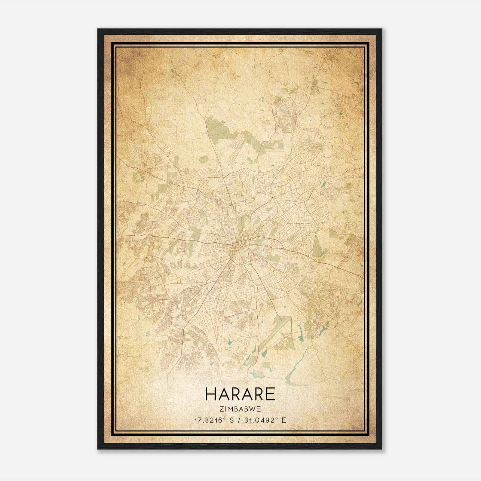 Vintage Harare Zimbabwe Map Poster, Harare City Road Wall Art Print