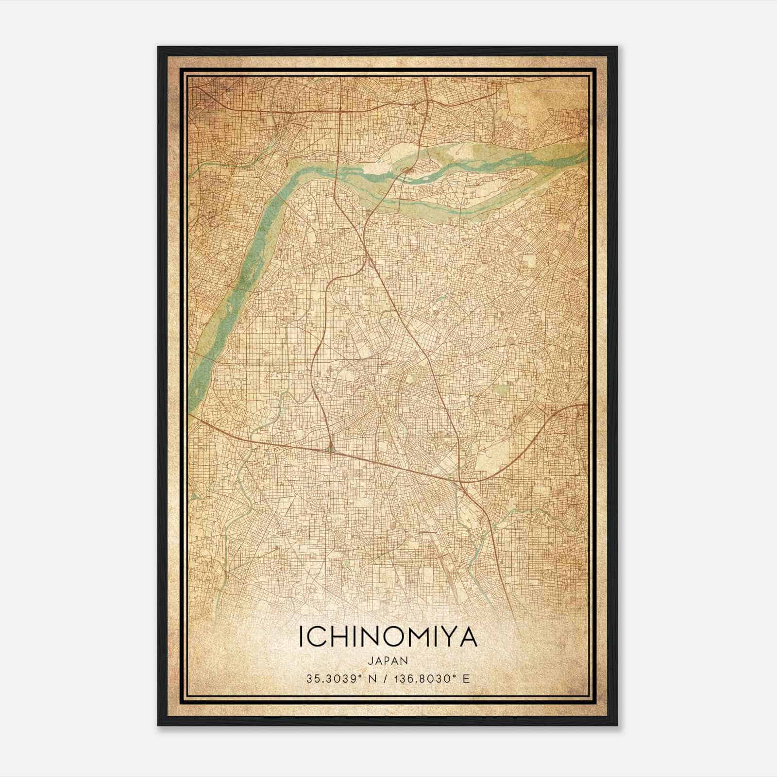 Vintage Ichinomiya Japan Map Poster, Ichinomiya City Road Wall Art Print