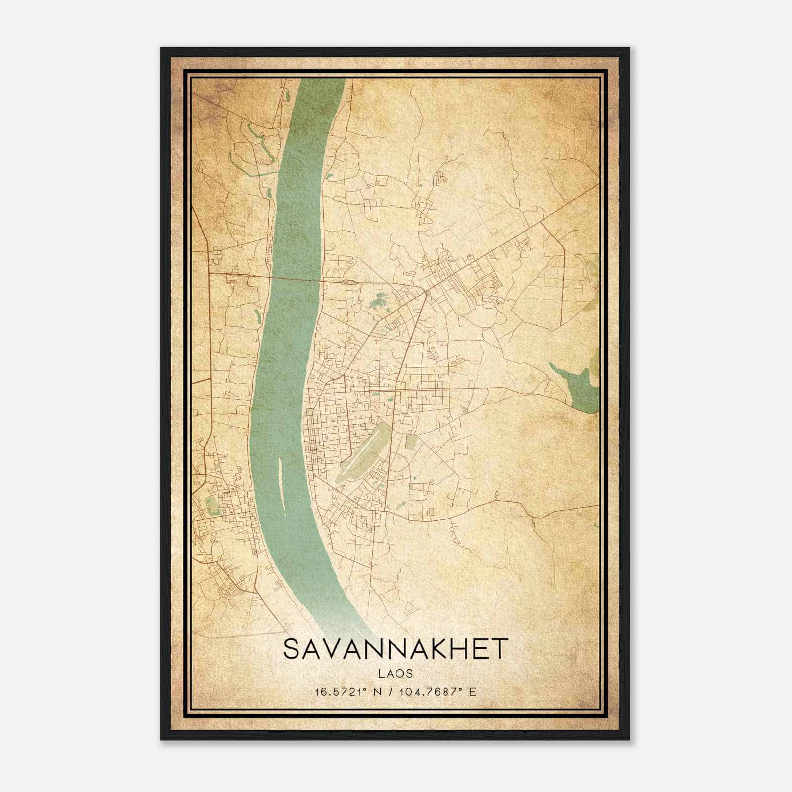 Vintage Savannakhet Laos Map Poster, Savannakhet City Road Wall Art Print