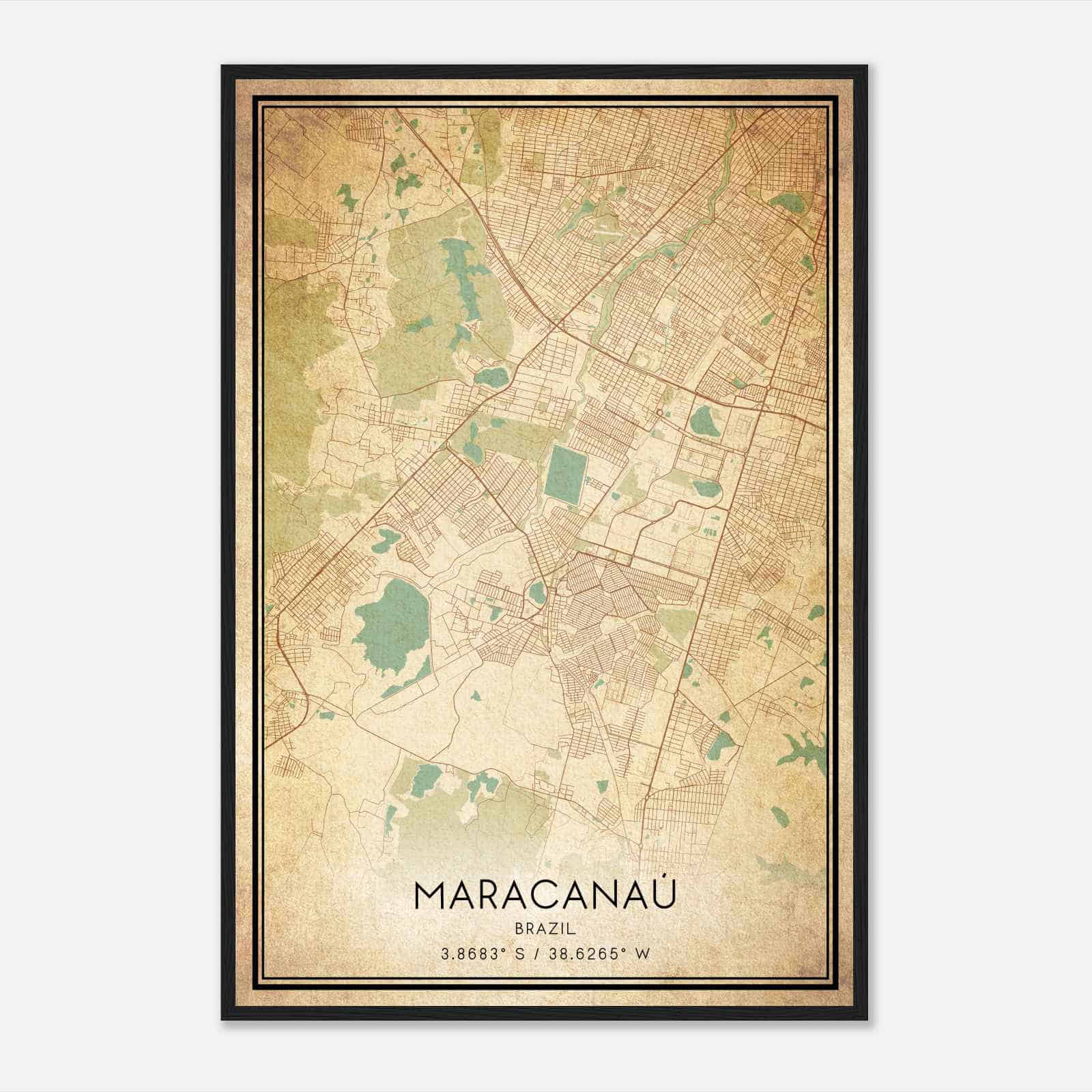 Vintage Maracanau Brazil Map Poster, Maracanau City Road Wall Art Print