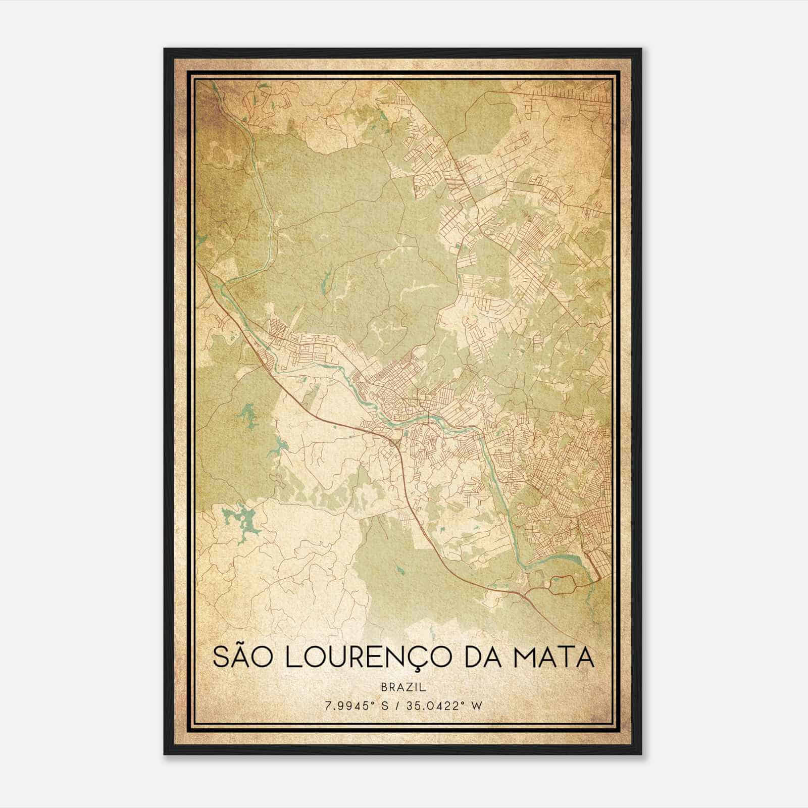 Vintage Sao Lourenco da Mata Brazil Map Poster, Sao Lourenco da Mata City Road Wall Art Print