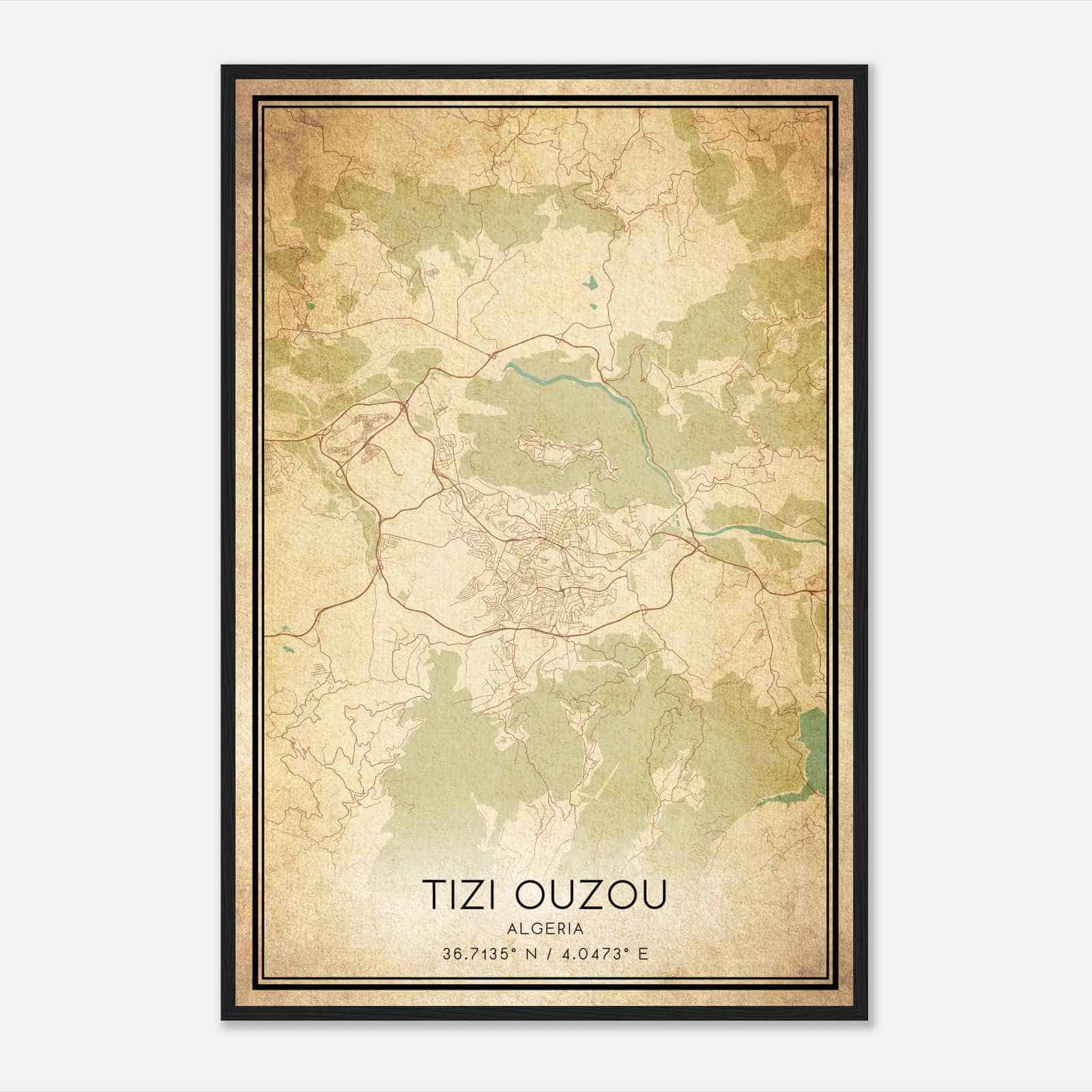 Vintage Tizi Ouzou Algeria Map Poster, Tizi Ouzou City Road Wall Art Print