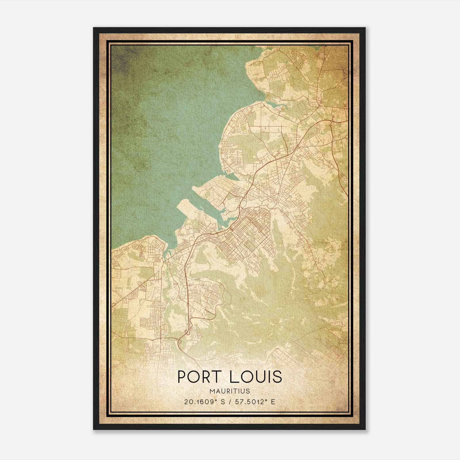 Vintage Port Louis Mauritius Map Poster, Port Louis City Road Wall Art Print