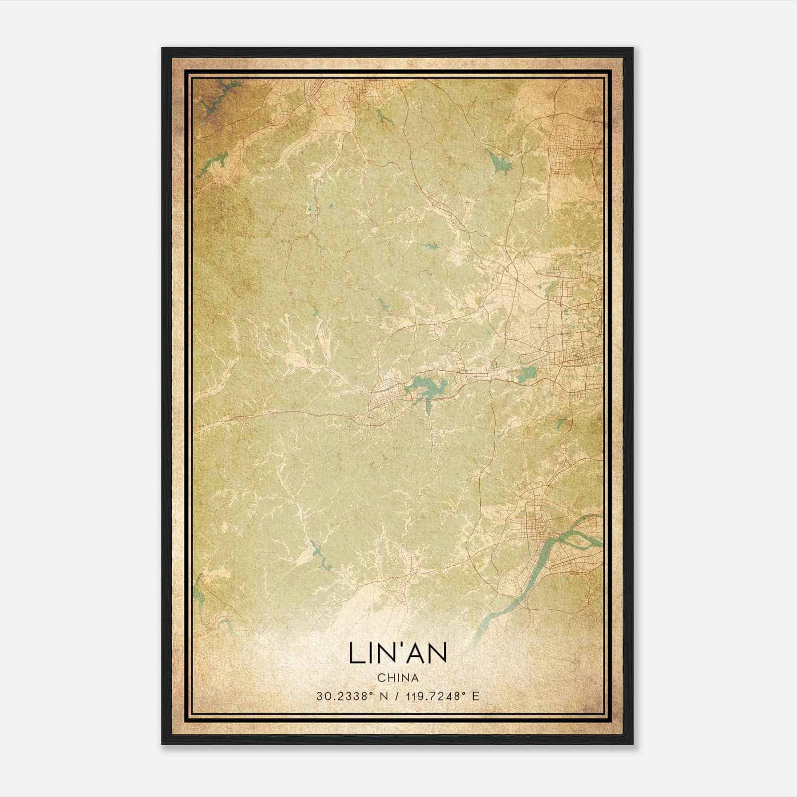 Vintage LinAn China Map Poster, LinAn City Road Wall Art Print