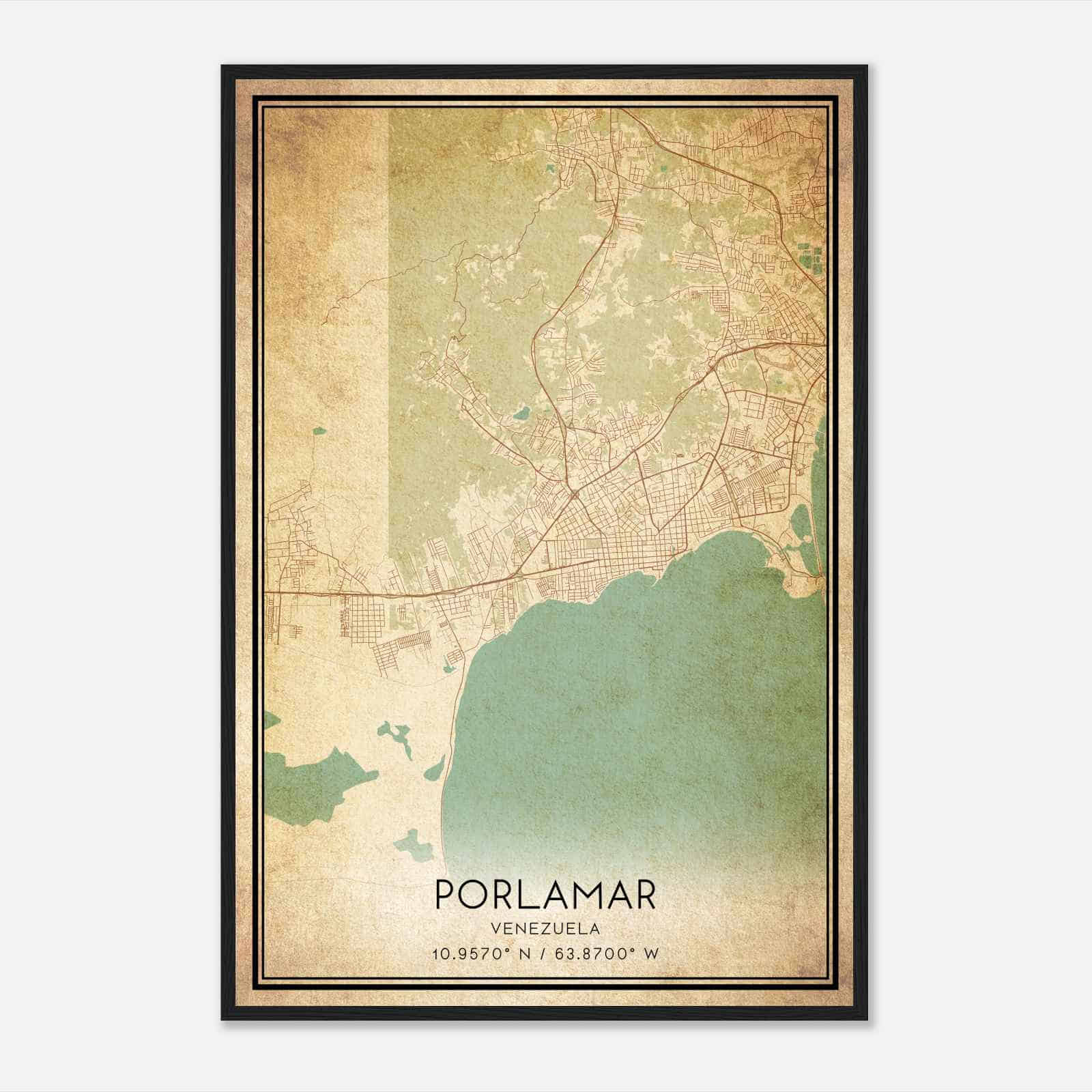 Vintage Porlamar Venezuela Map Poster, Porlamar City Road Wall Art Print