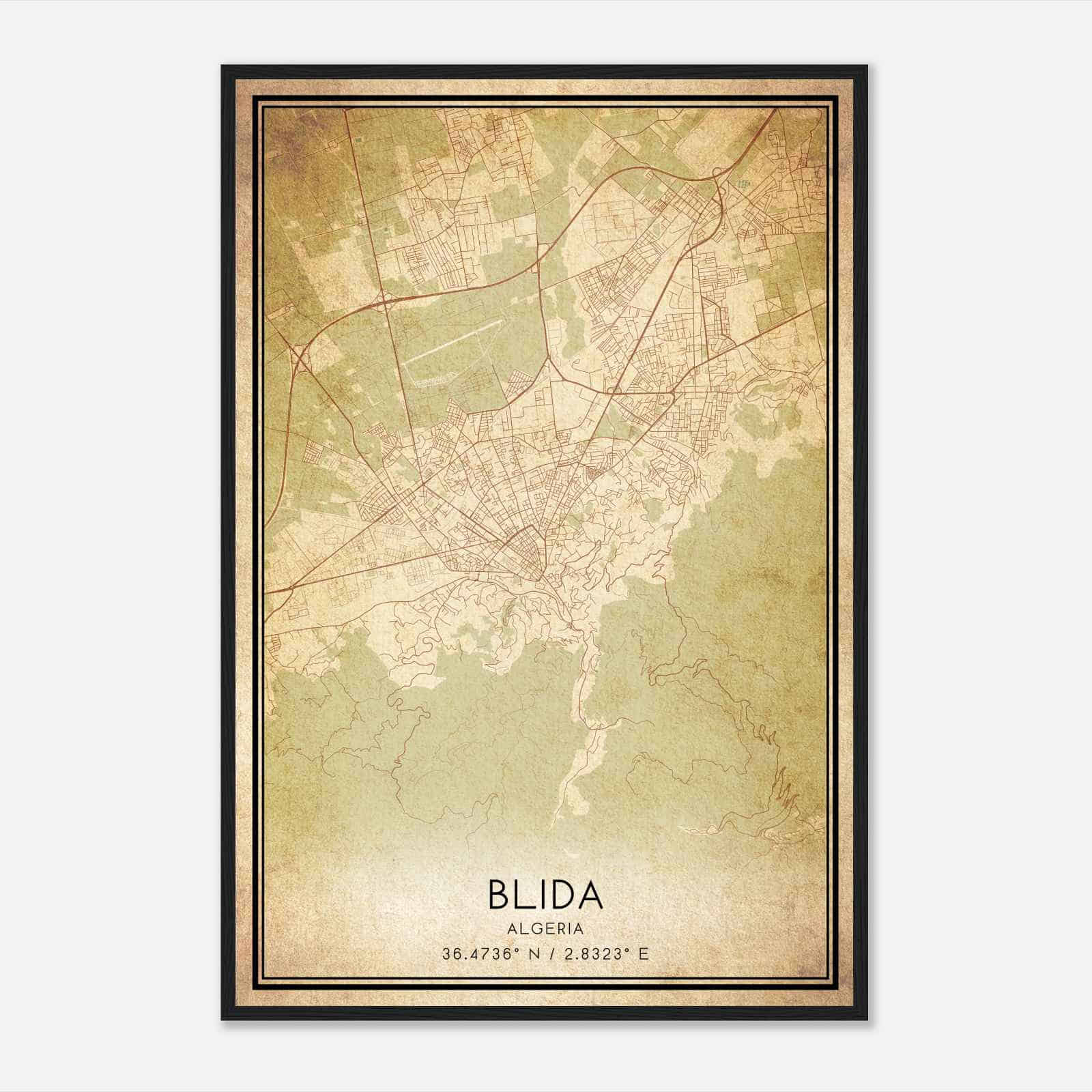 Vintage Blida Algeria Map Poster, Blida City Road Wall Art Print