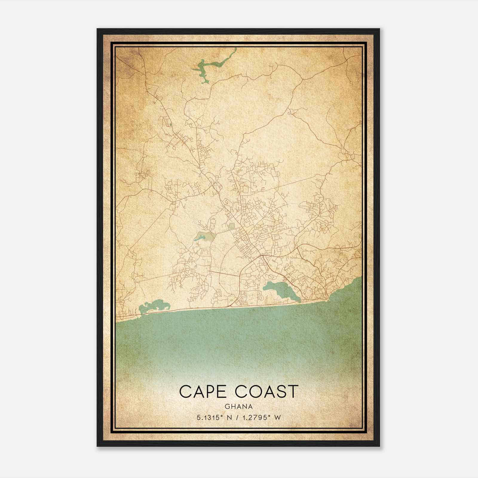 Vintage Cape Coast Ghana Map Poster, Cape Coast City Road Wall Art Print