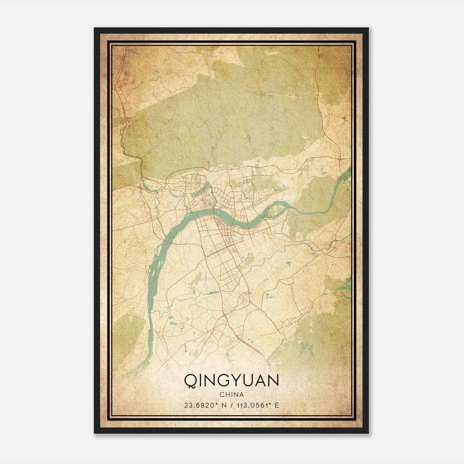 Vintage Qingyuan China Map Poster, Qingyuan City Road Wall Art Print