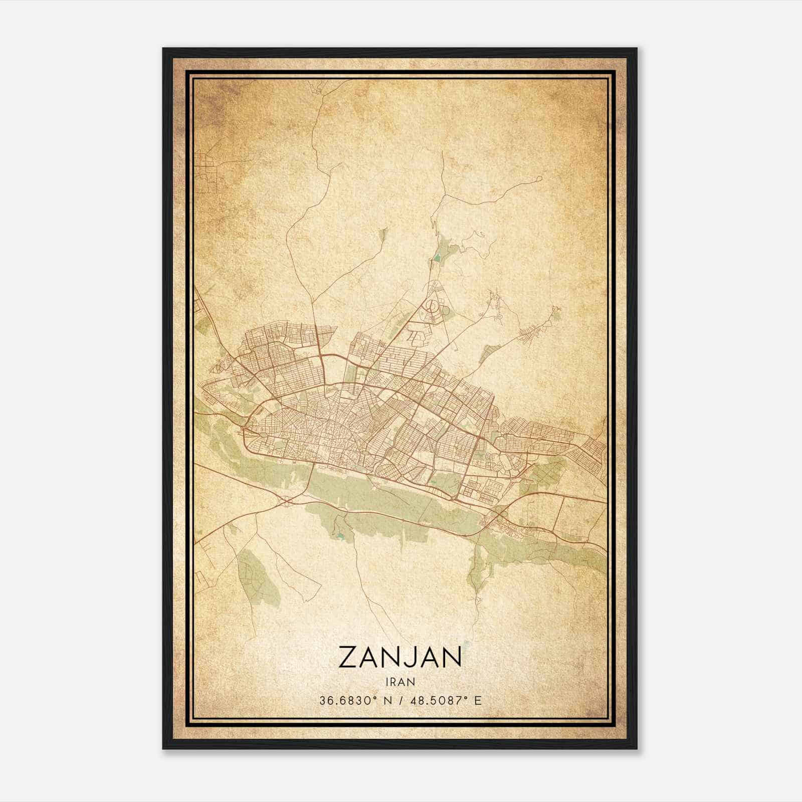 Vintage Zanjan Iran Map Poster, Zanjan City Road Wall Art Print
