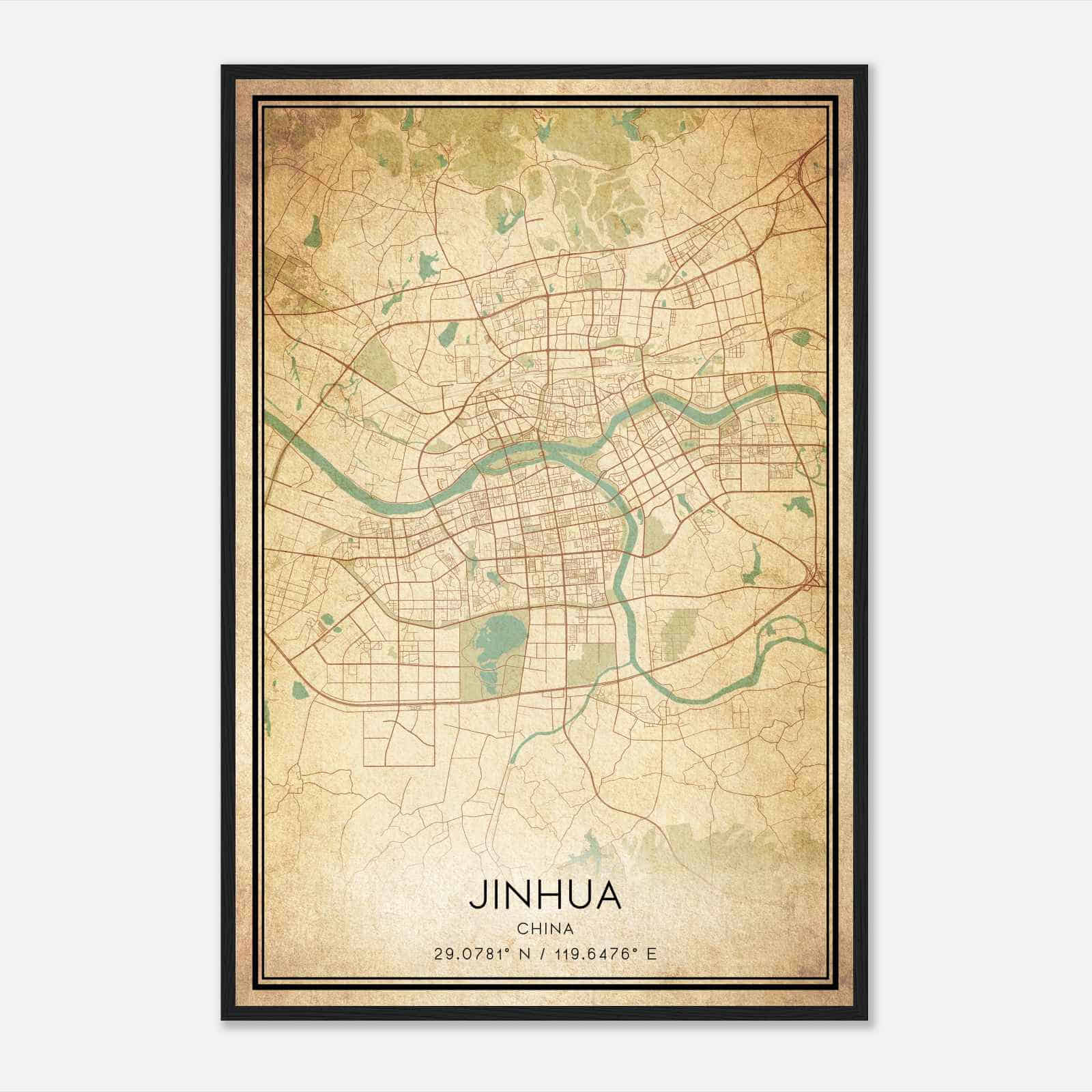 Vintage Jinhua China Map Poster, Jinhua City Road Wall Art Print