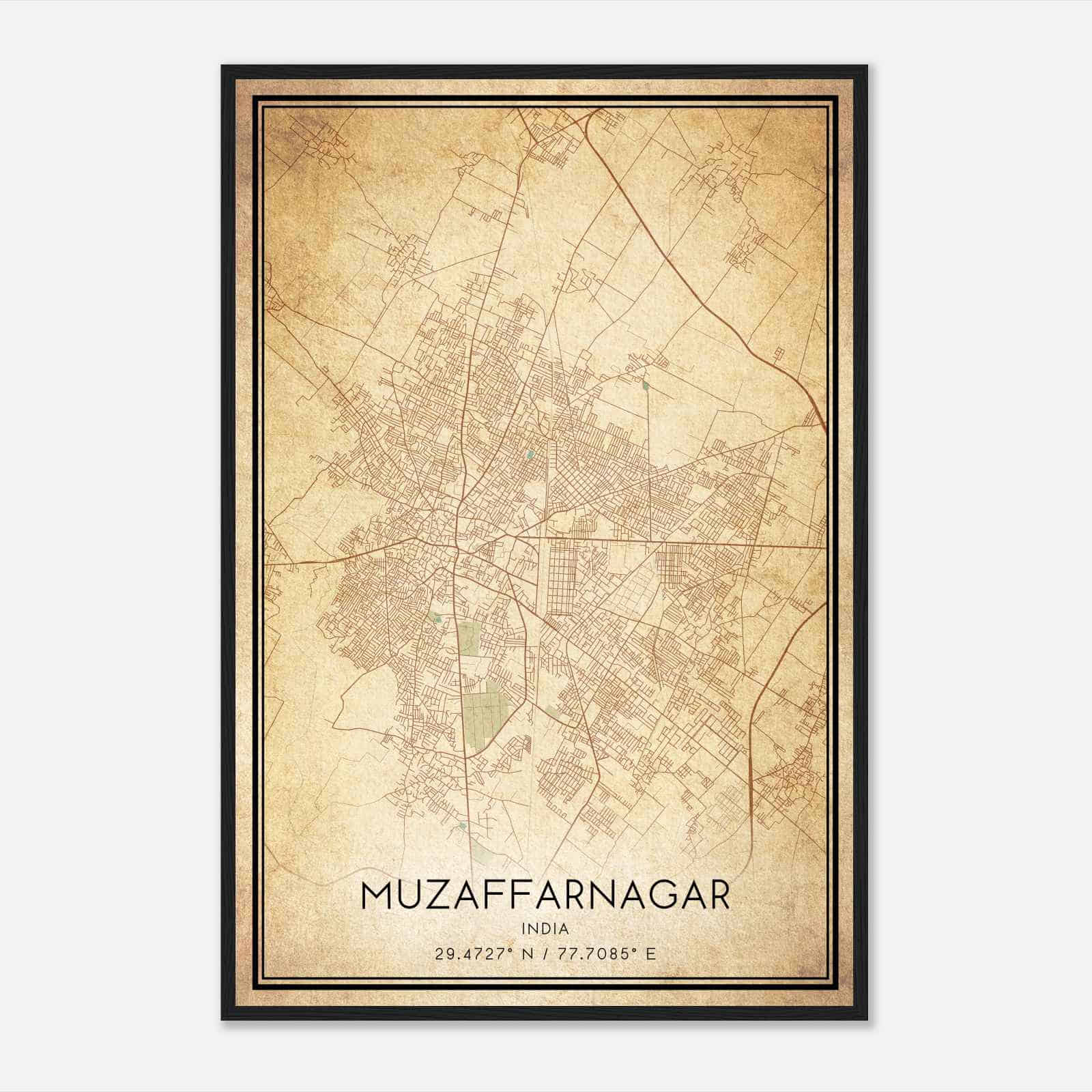 Vintage Muzaffarnagar India Map Poster, Muzaffarnagar City Road Wall Art Print