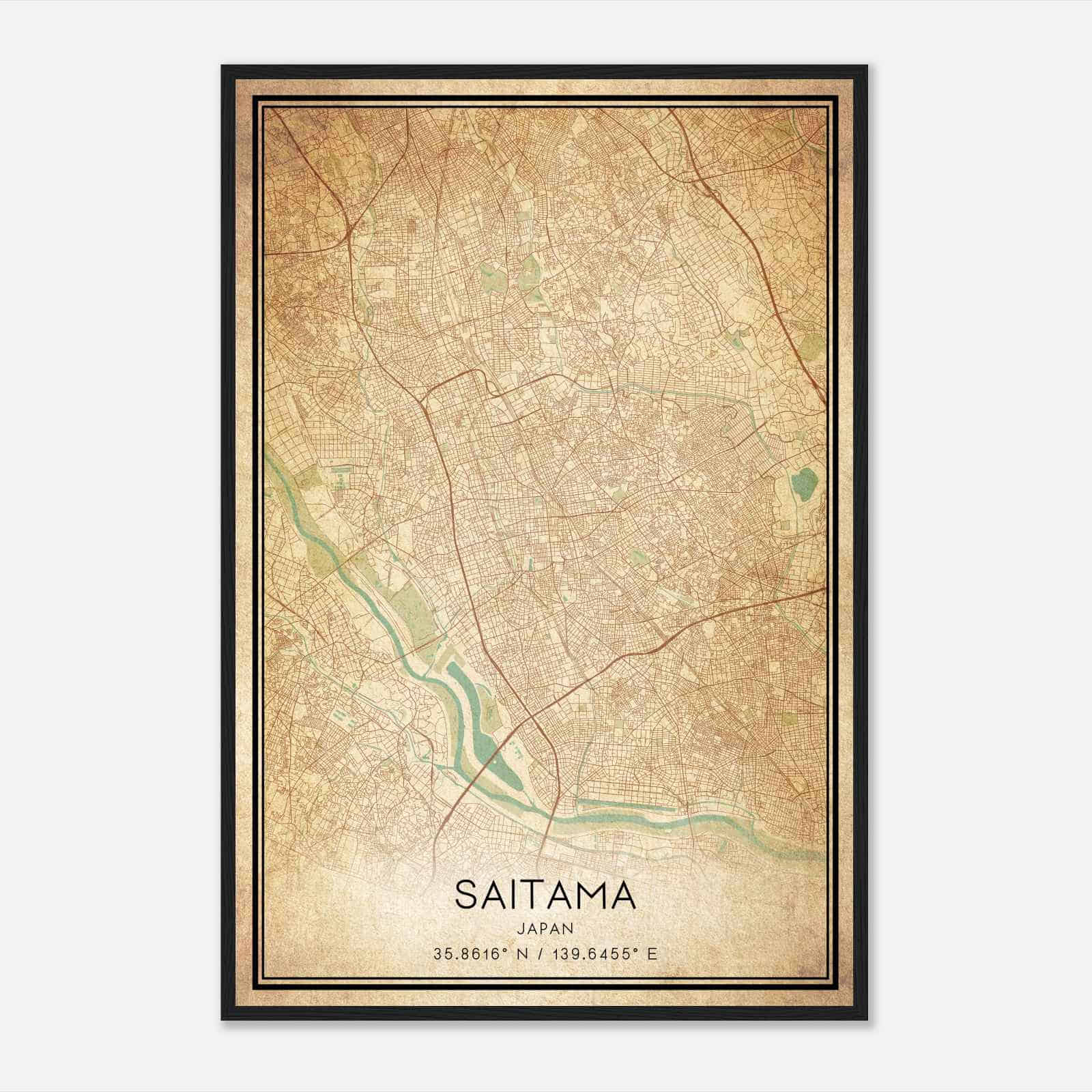 Vintage Saitama Japan Map Poster, Saitama City Road Wall Art Print