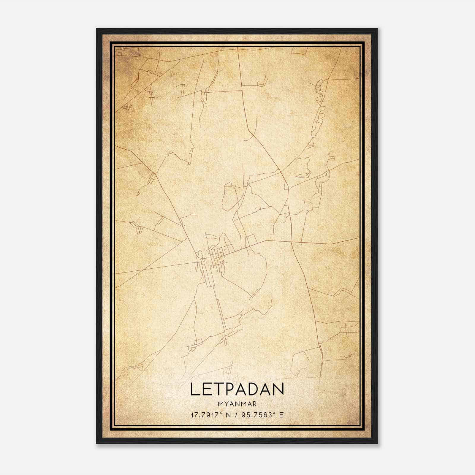Vintage Letpadan Myanmar Map Poster, Letpadan City Road Wall Art Print