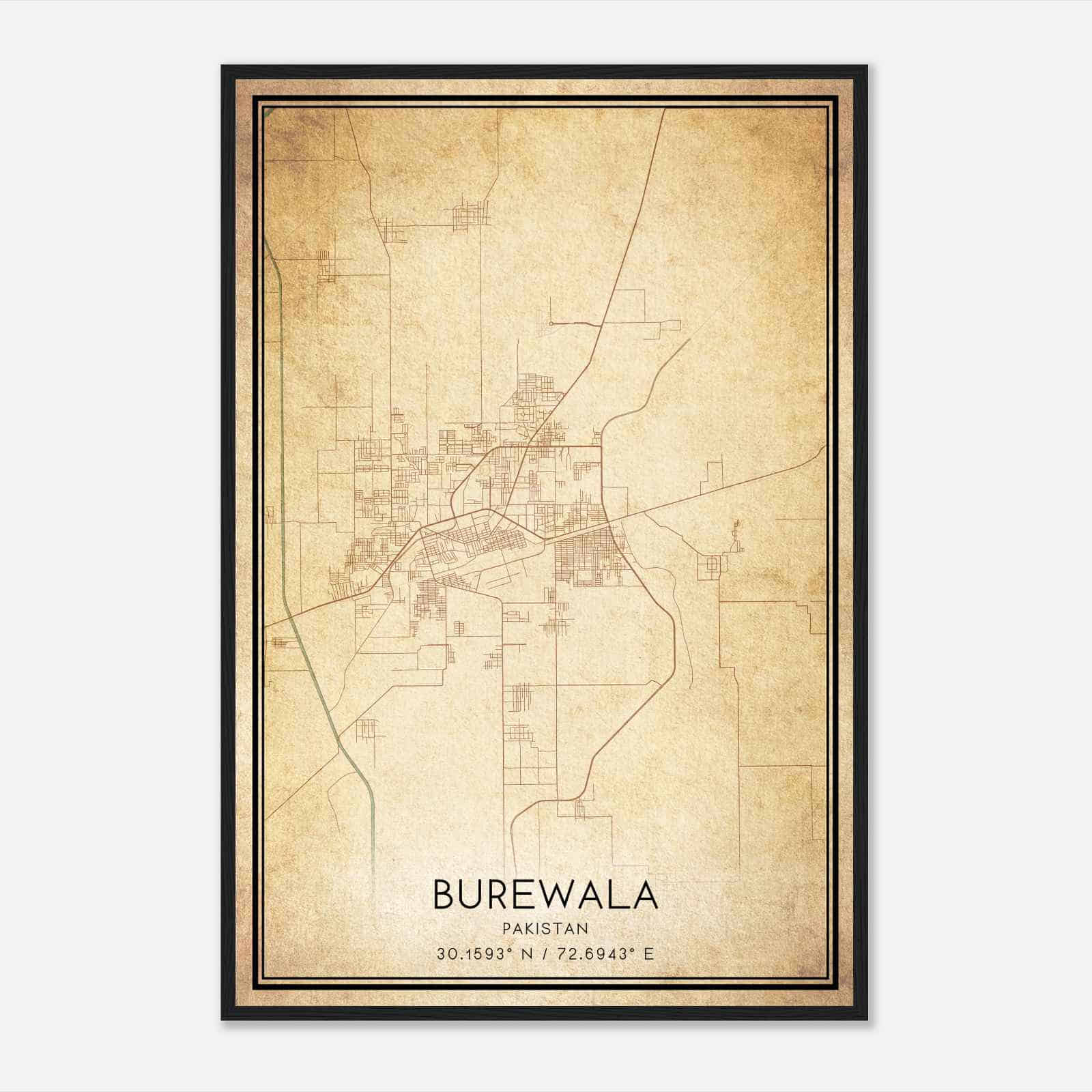 Vintage Burewala Pakistan Map Poster, Burewala City Road Wall Art Print